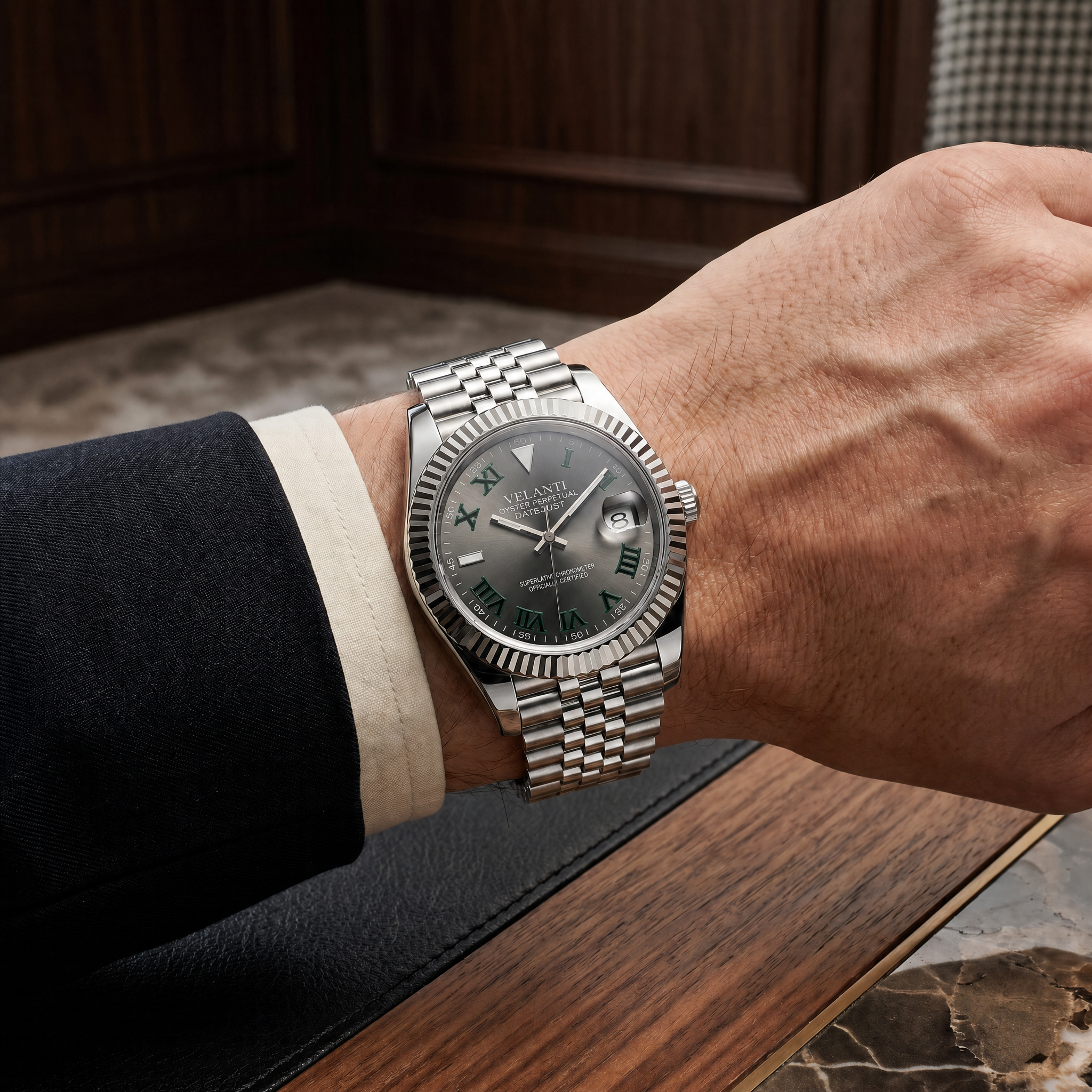 Datejust-style automatic watch, Velanti Milano Veljust Wimbledon worn on wrist photo 11