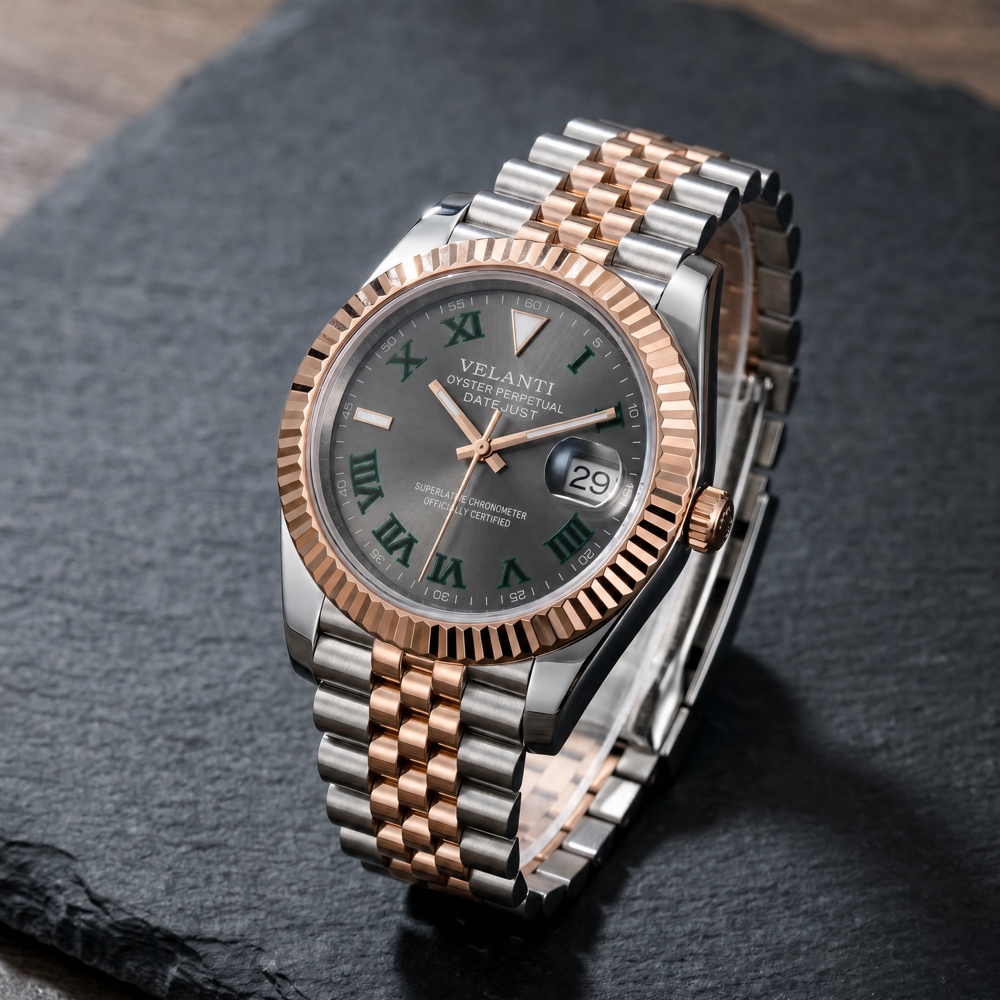 Datejust-style custom automatic watch, Velanti Milano Veljust Wimbledon Two Tone, bracelet detail photo
