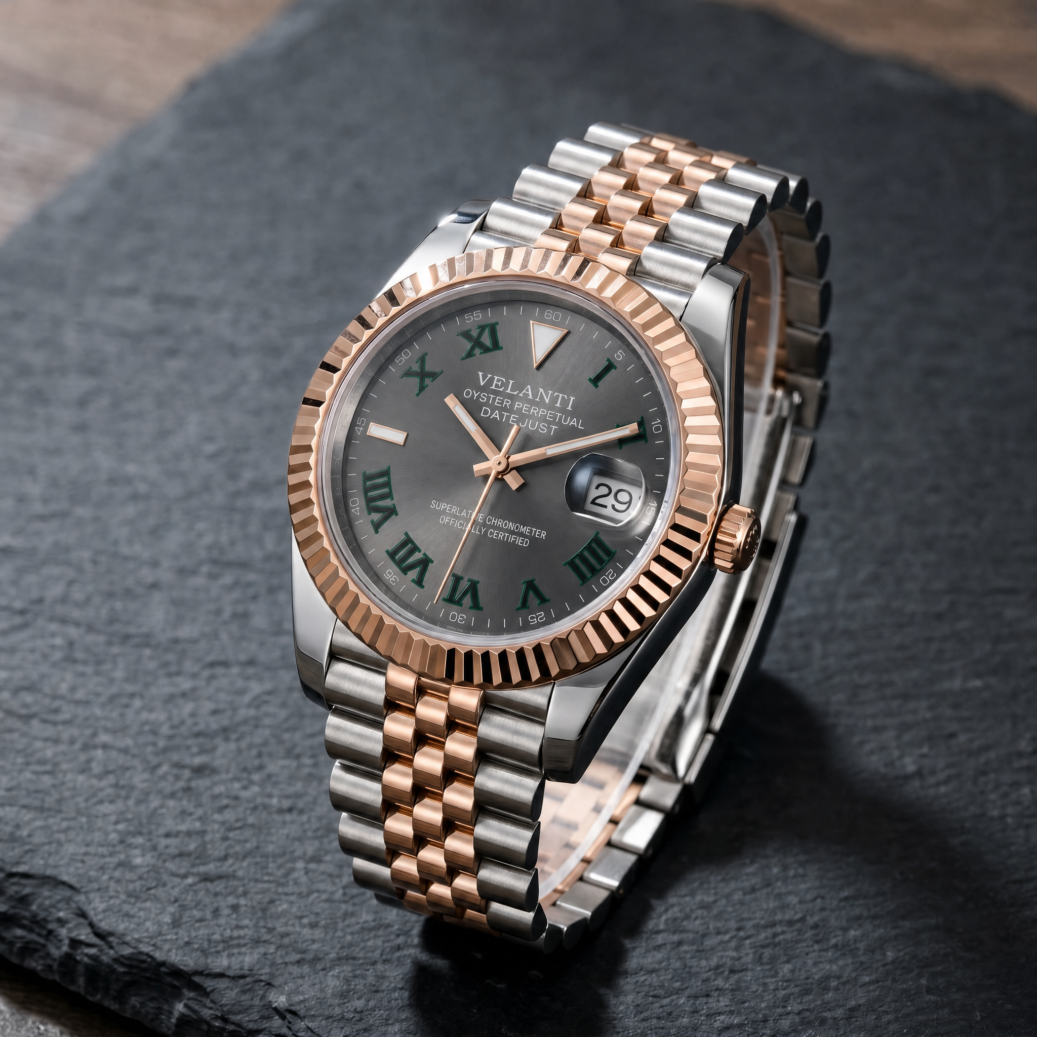 Datejust-style automatic watch, Velanti Milano Veljust Wimbledon Two Tone, bracelet detail photo