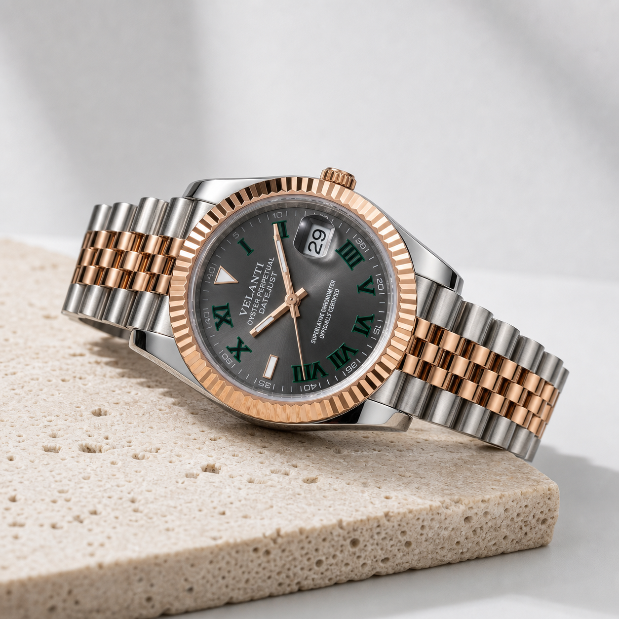 Datejust-style automatic watch, Velanti Milano Veljust Wimbledon Two Tone, angled product photo
