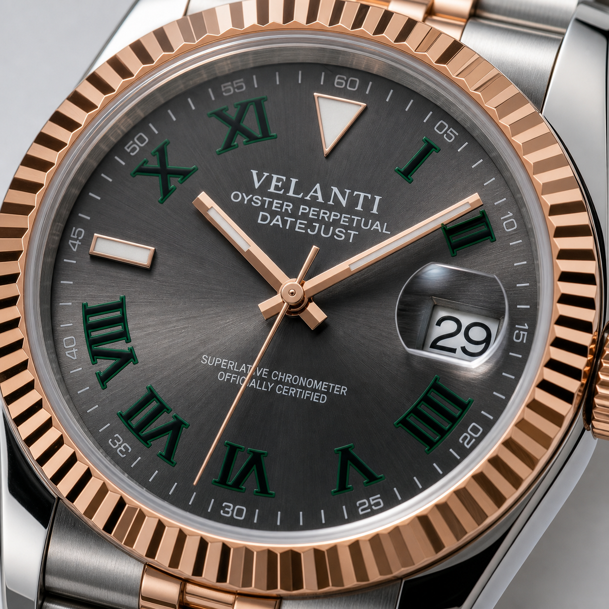 Datejust-style automatic watch, Velanti Milano Veljust Wimbledon Two Tone, dial close-up
