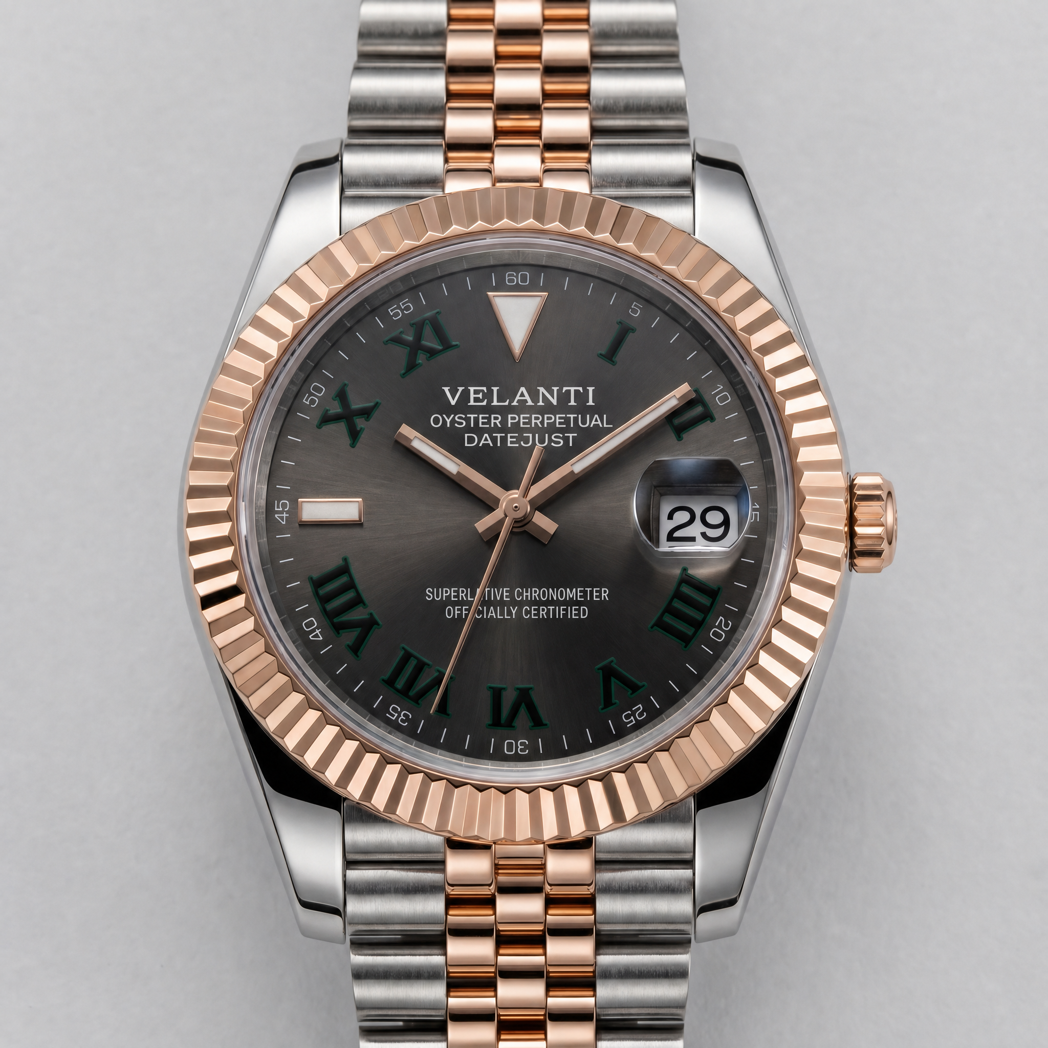 Datejust-style automatic watch, Velanti Milano Veljust Wimbledon Two Tone, watch detail photo 6