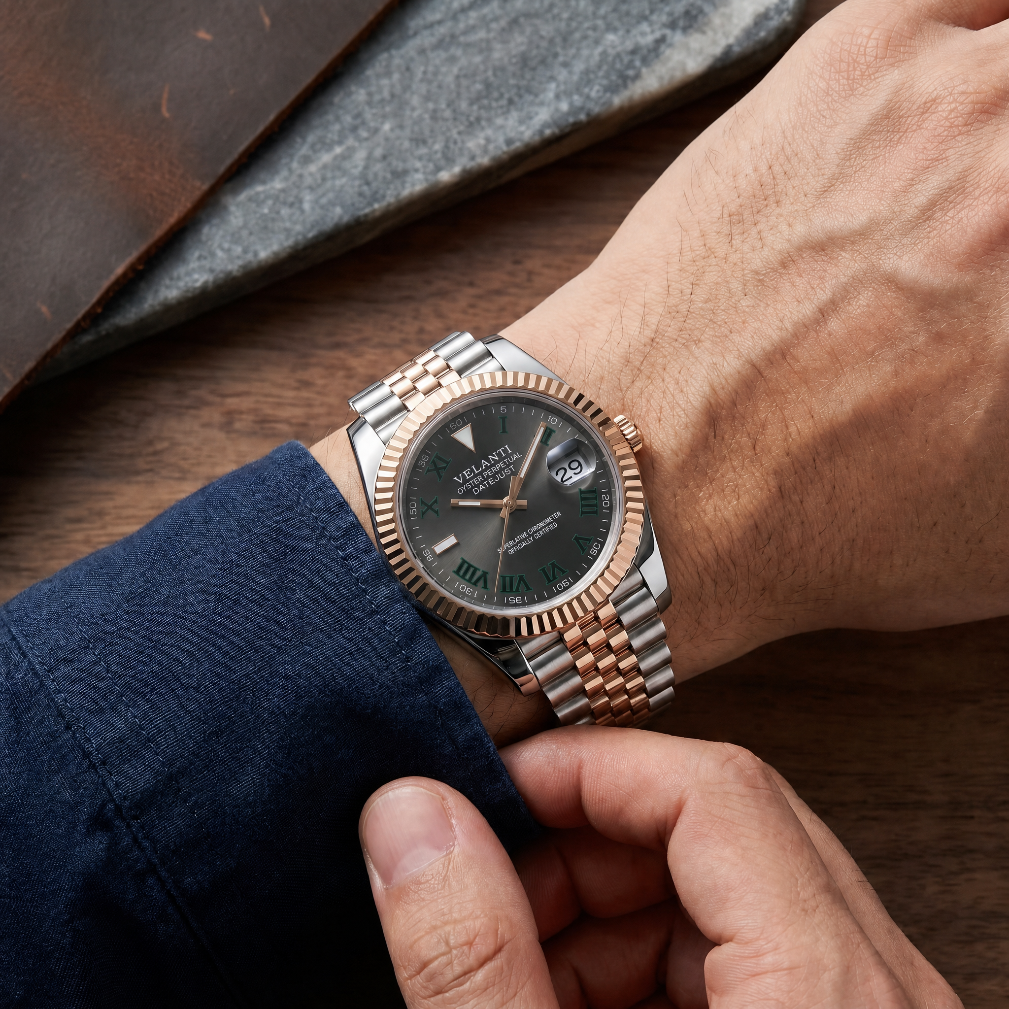 Datejust-style automatic watch, Velanti Milano Veljust Wimbledon Two Tone worn on wrist photo 8