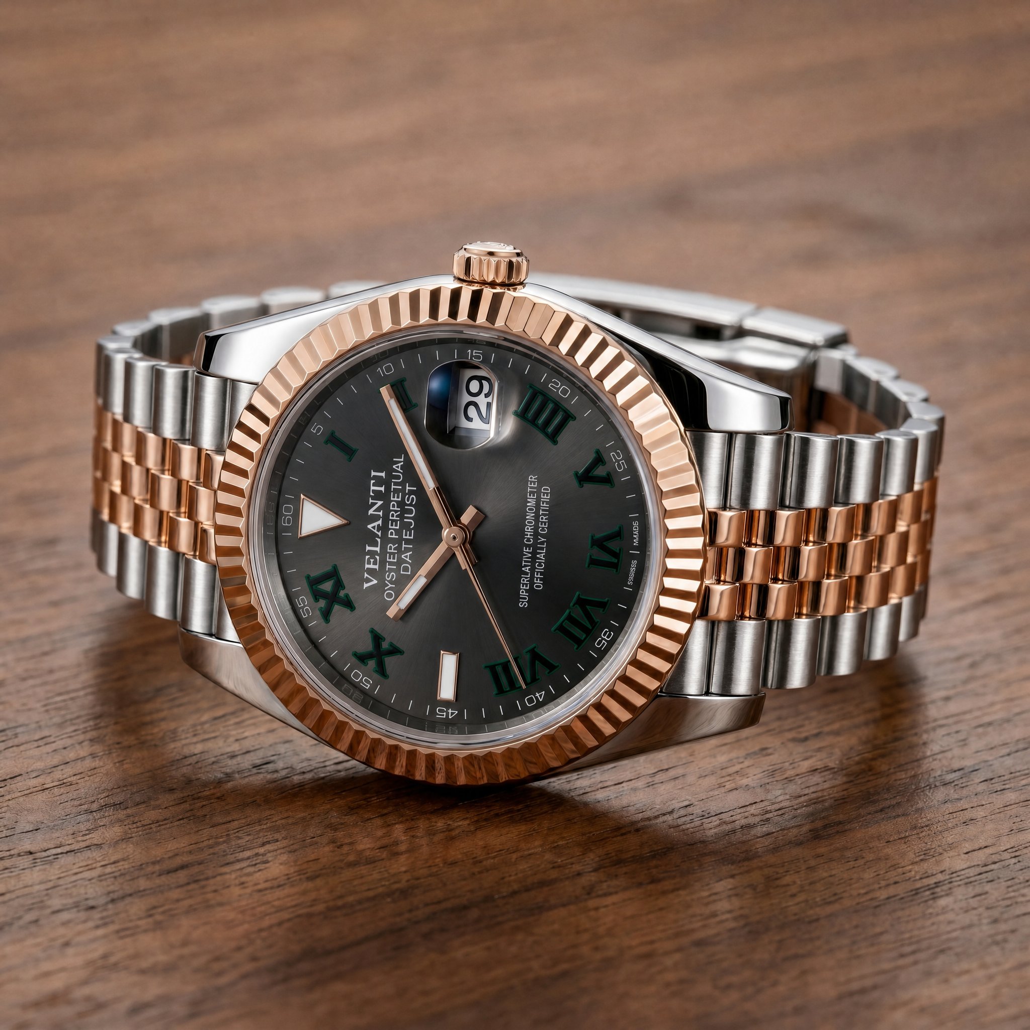Datejust-style automatic watch, Velanti Milano Veljust Wimbledon Two Tone, watch detail photo 10