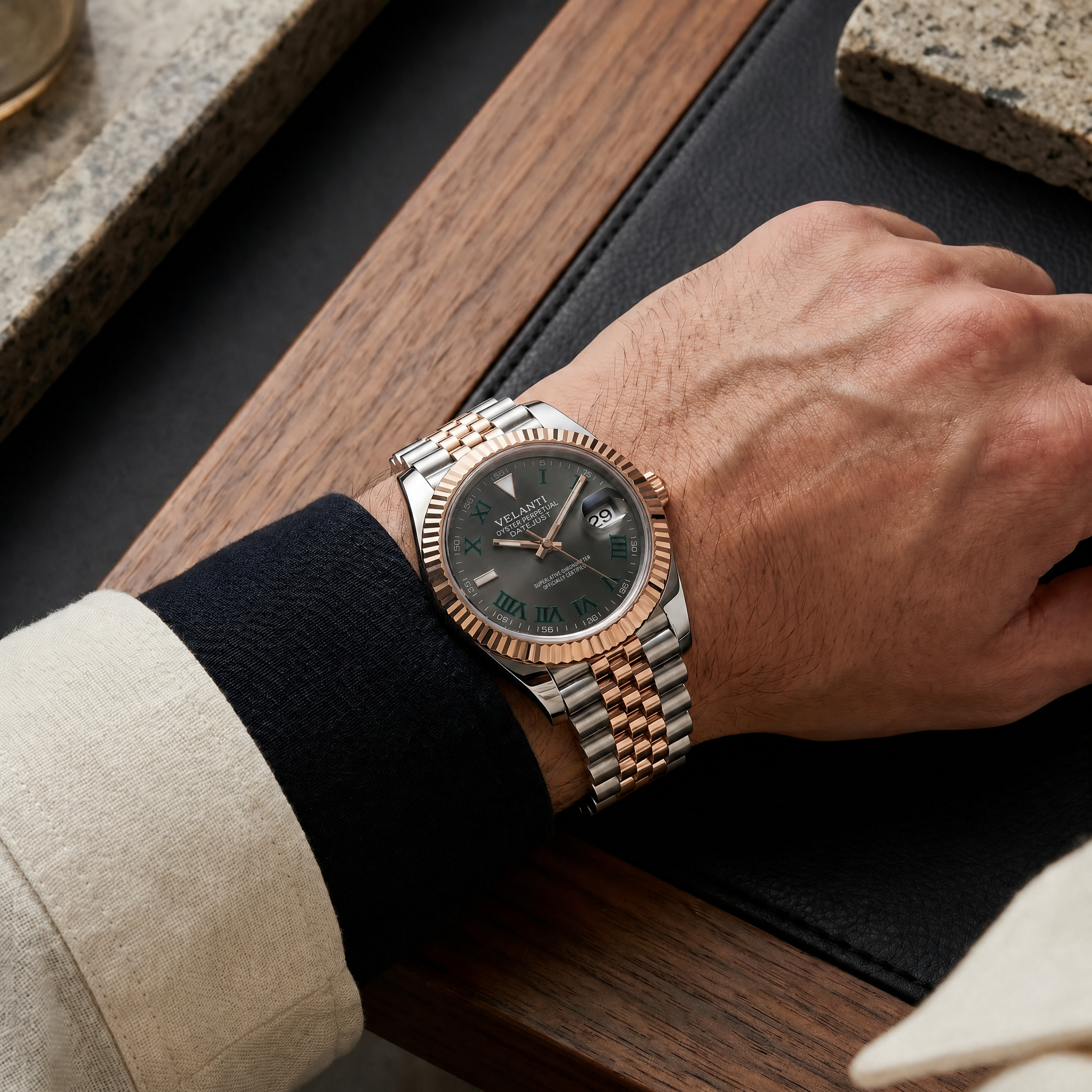 Datejust-style automatic watch, Velanti Milano Veljust Wimbledon Two Tone worn on wrist photo 12