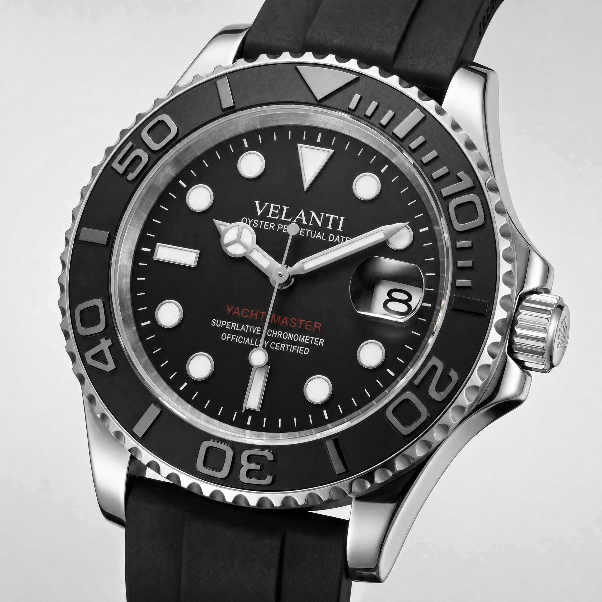 Submariner-style custom automatic watch, Velanti Milano Velmariner Yacht-Master Black, watch detail photo 4