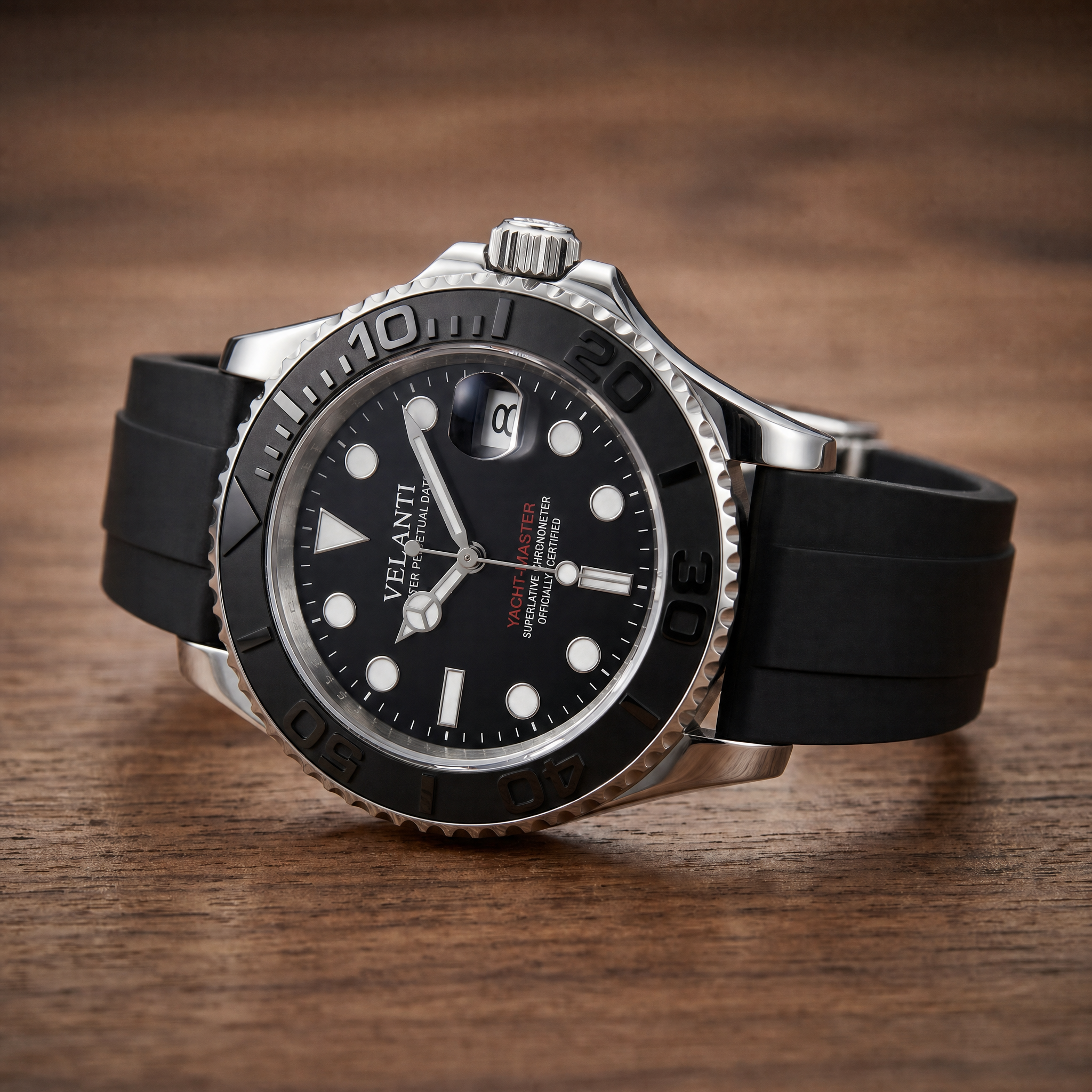 Submariner-style automatic watch, Velanti Milano Velmariner Yacht-Master Black, watch detail photo 5