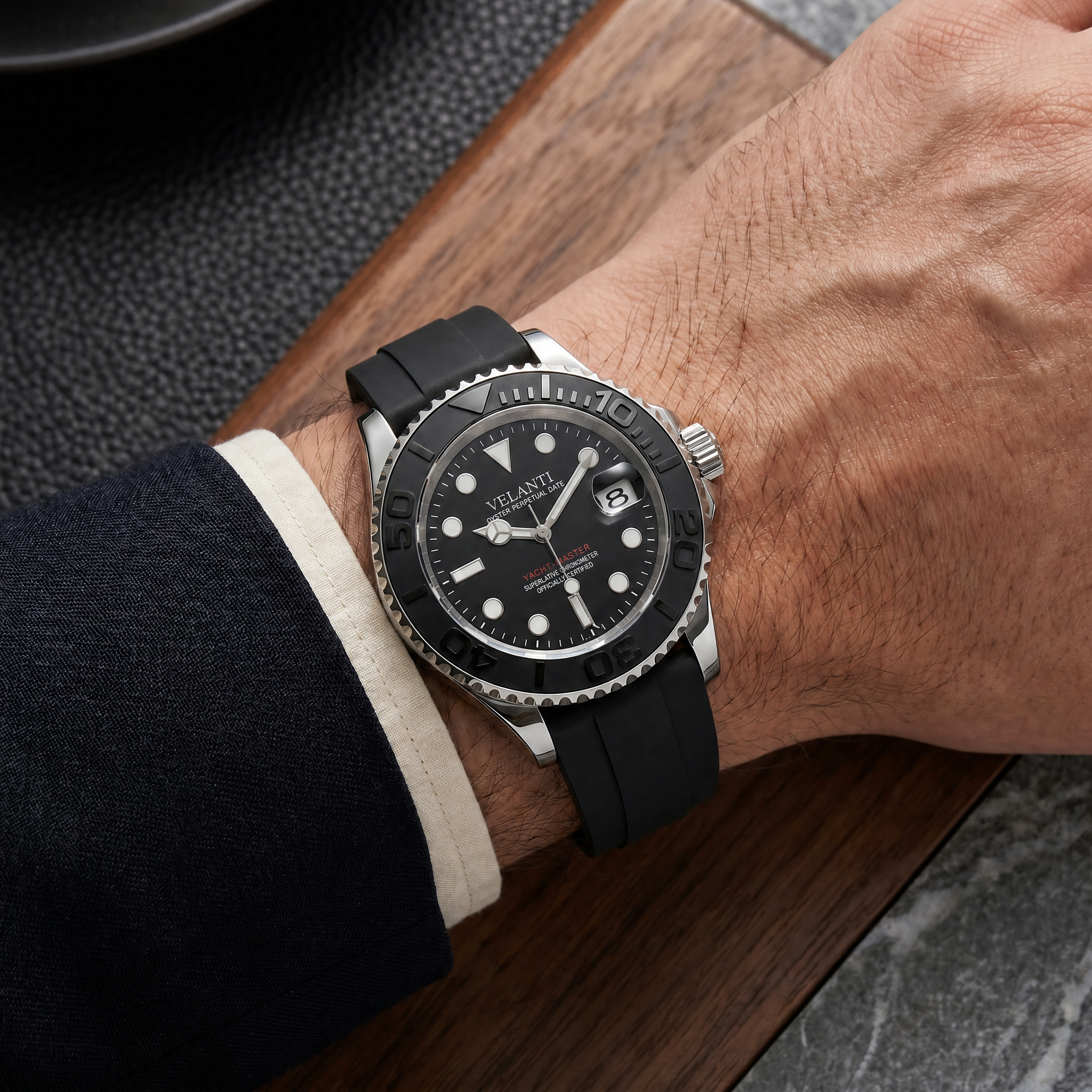 Submariner-style automatic watch, Velanti Milano Velmariner Yacht-Master Black worn on wrist