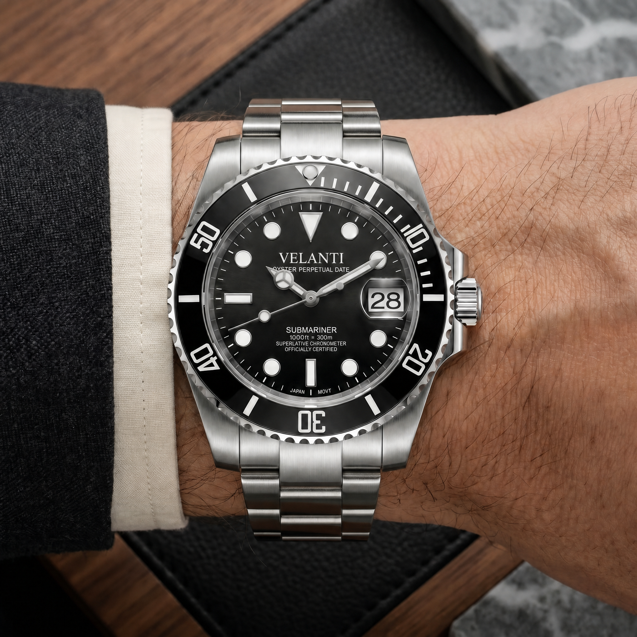 Submariner-style automatic watch, Velanti Milano Velmariner Black worn on wrist photo 9