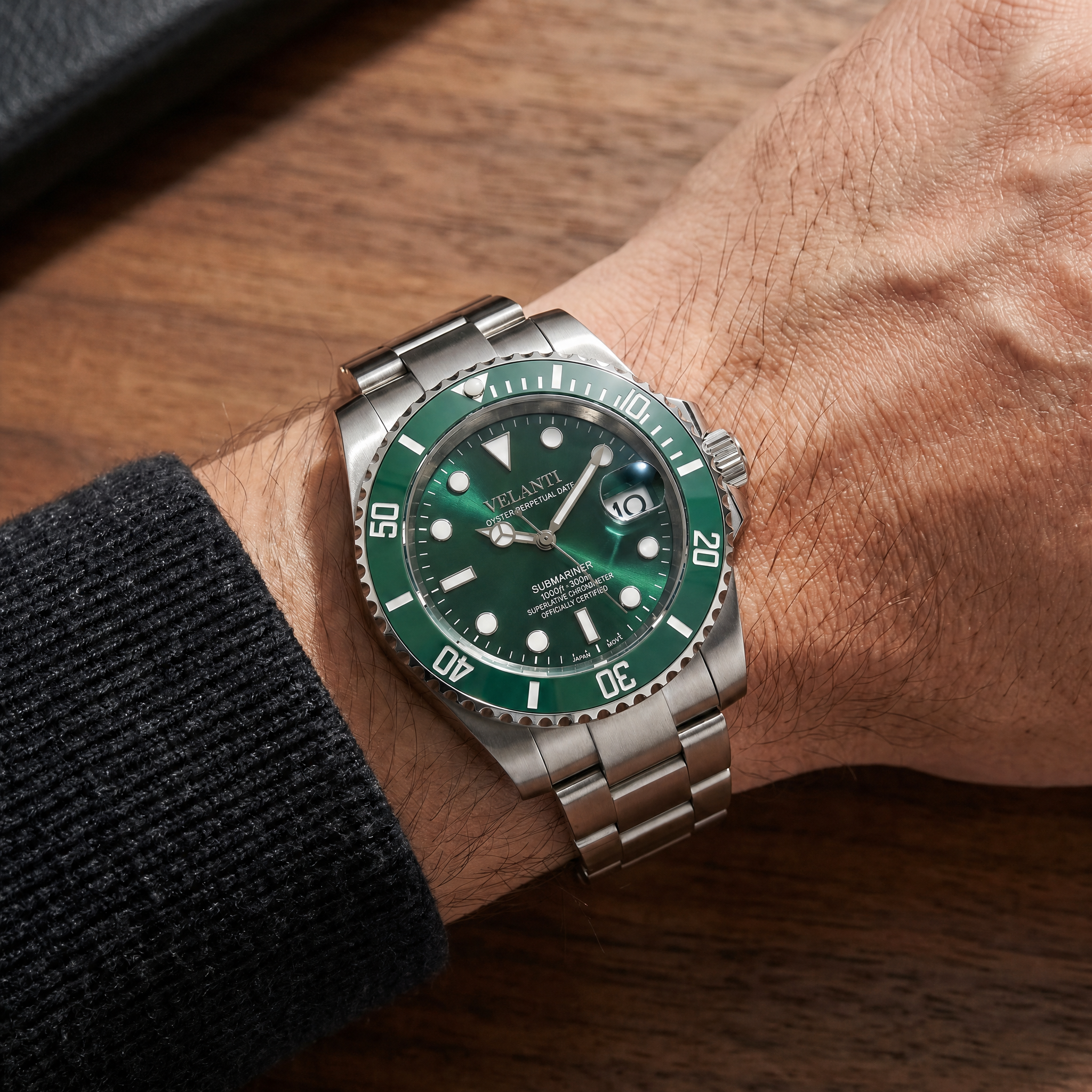 Submariner-style automatic watch, Velanti Milano Velmariner Hulk worn on wrist photo 6
