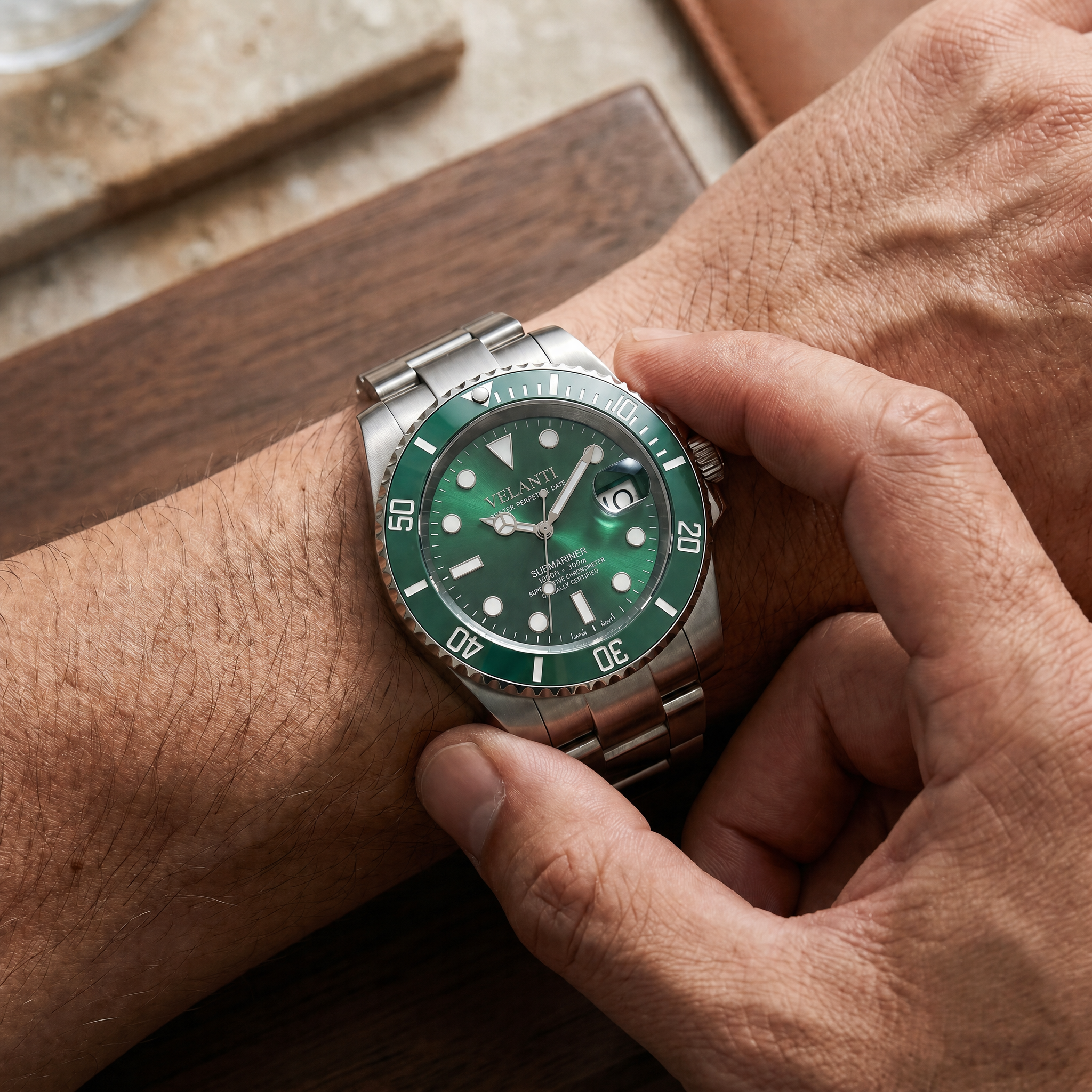 Submariner-style automatic watch, Velanti Milano Velmariner Hulk worn on wrist photo 3