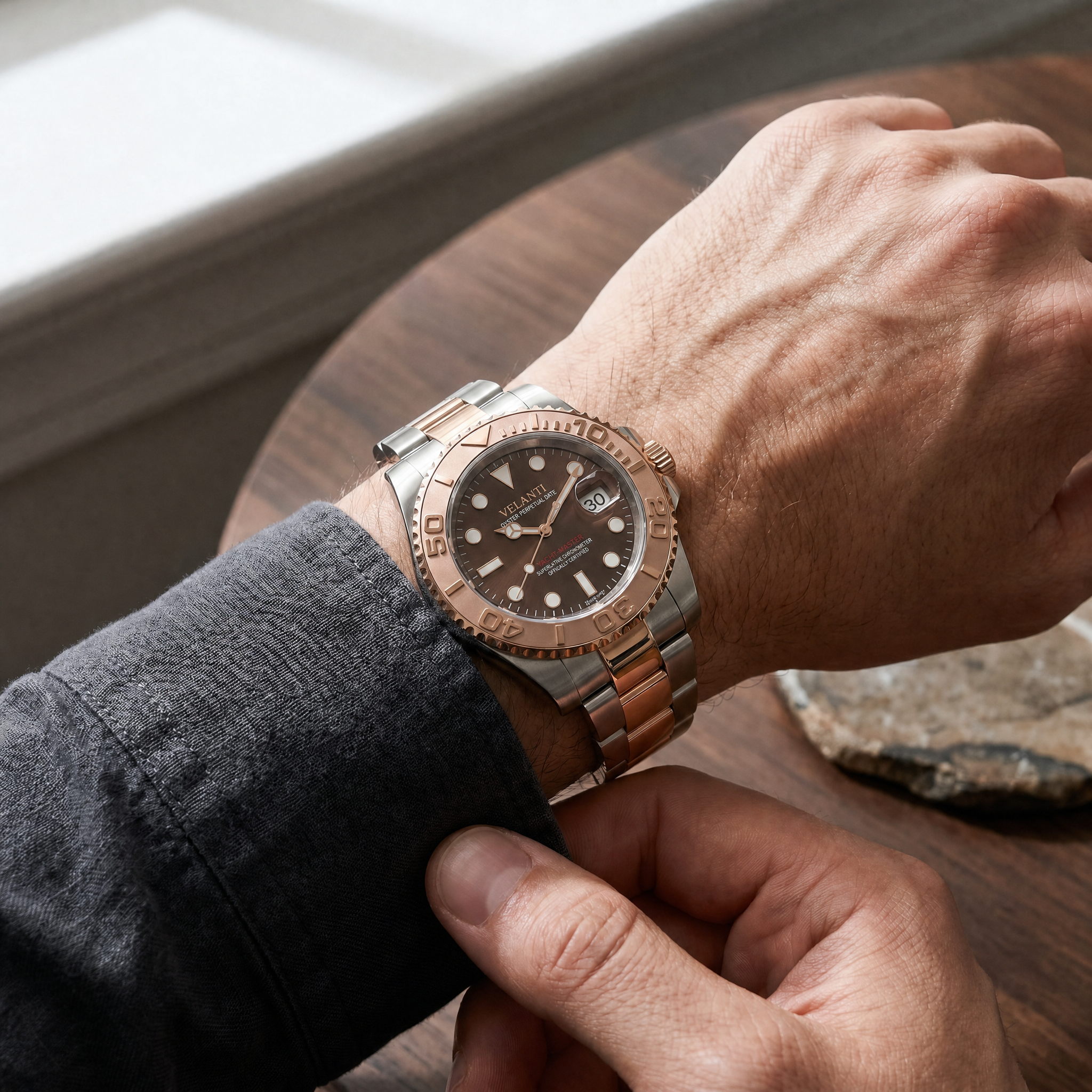 Submariner-style automatic watch, Velanti Milano Velmariner Rose Gold worn on wrist photo 3