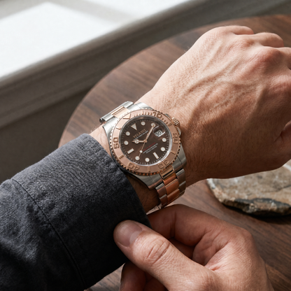 Submariner-style automatic watch, Velanti Milano Velmariner Rose Gold, on-wrist photo