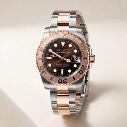 Submariner-style custom automatic watch, Velanti Milano Velmariner Rose Gold, watch detail photo