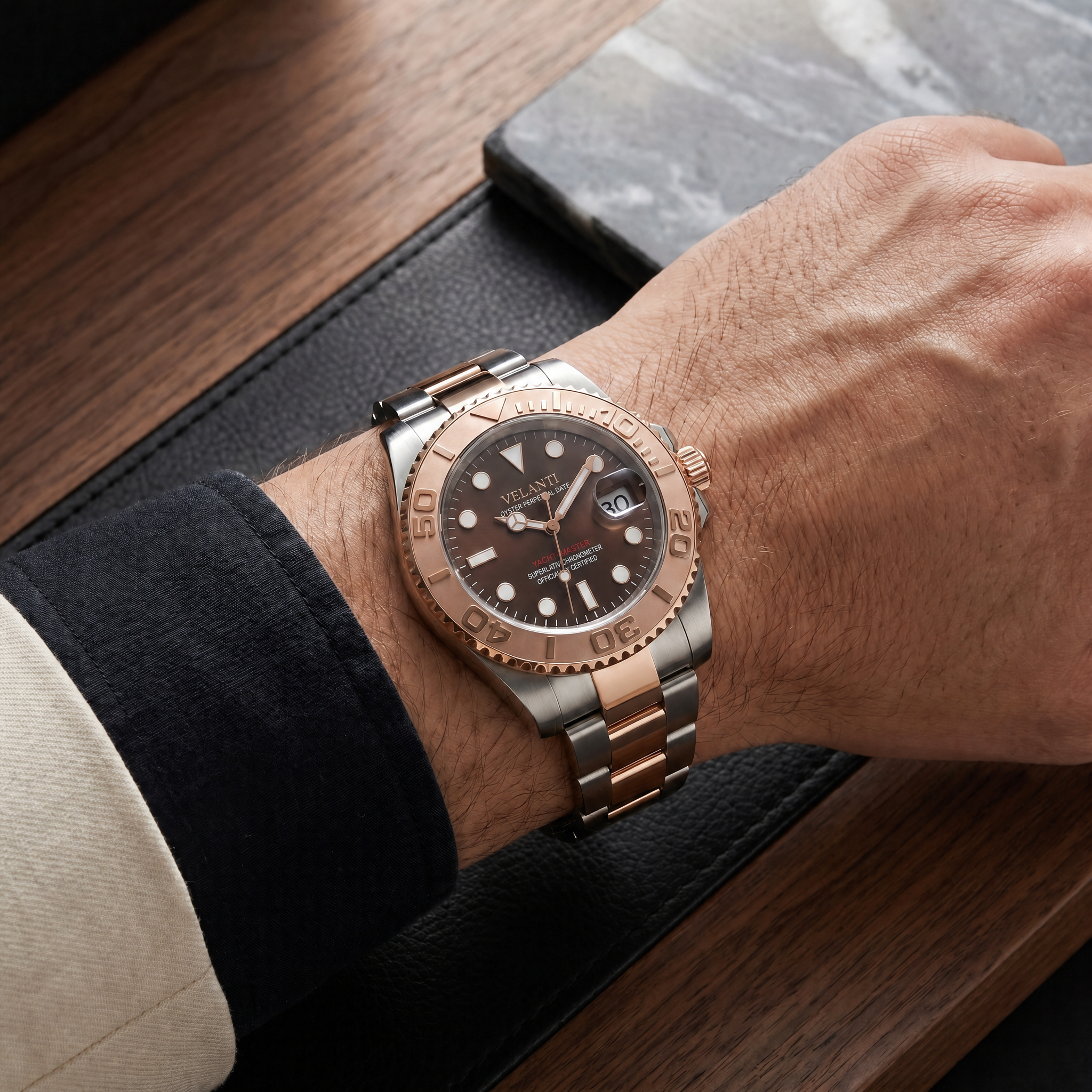 Submariner-style automatic watch, Velanti Milano Velmariner Rose Gold worn on wrist photo 12