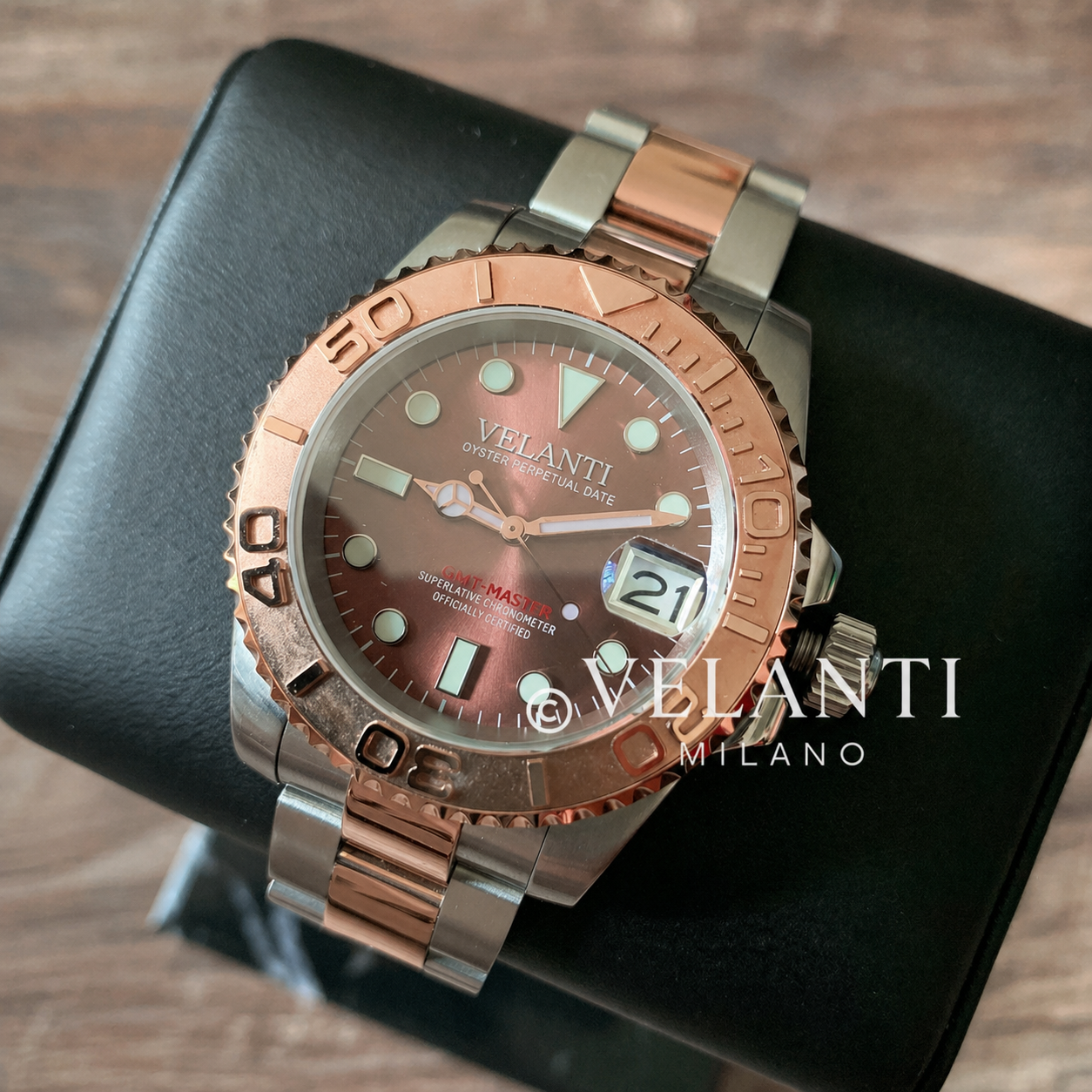 Submariner-style automatic watch, Velanti Milano Velmariner Rose Gold, product photo 5
