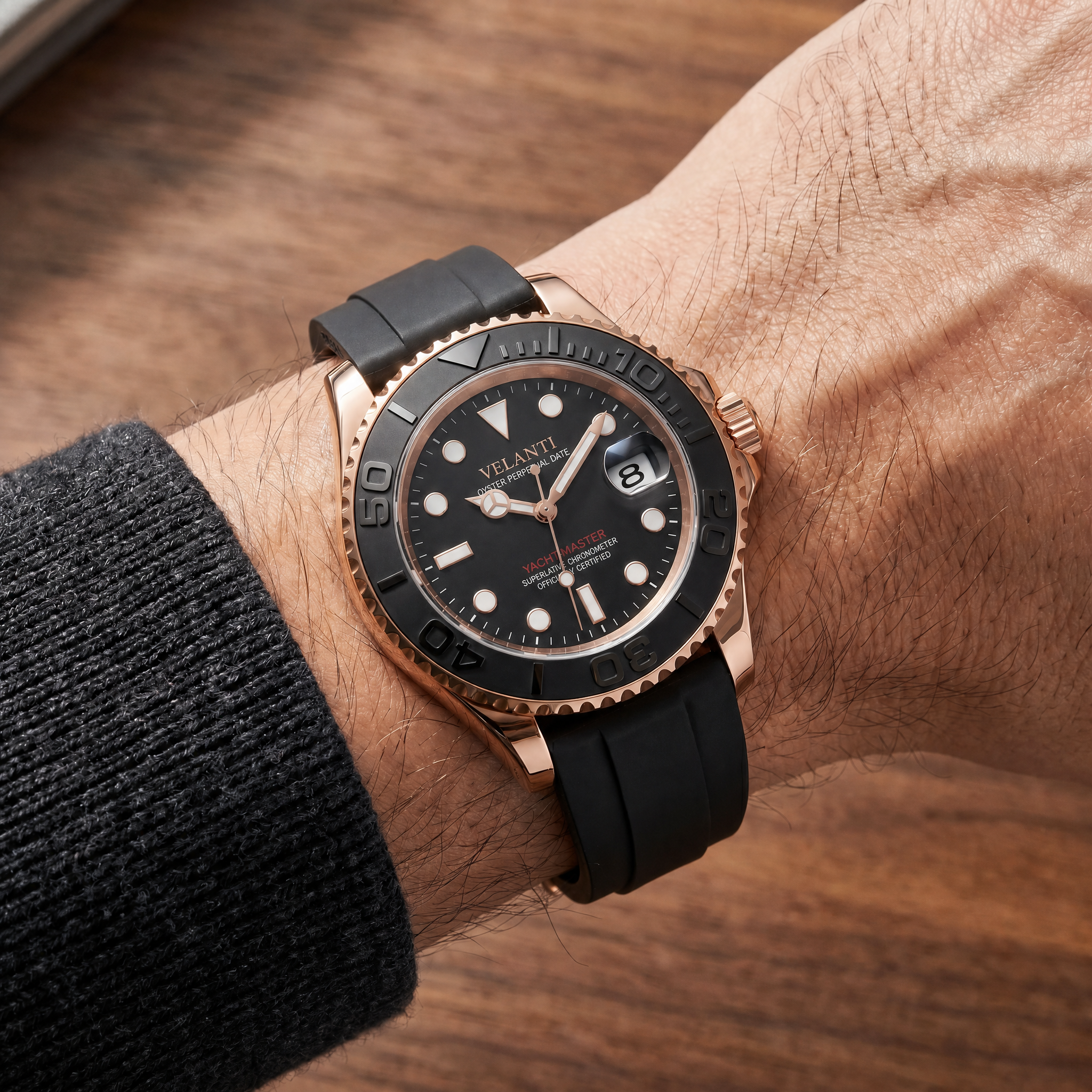 Submariner-style automatic watch, Velanti Milano Velmariner Rose Gold Black worn on wrist