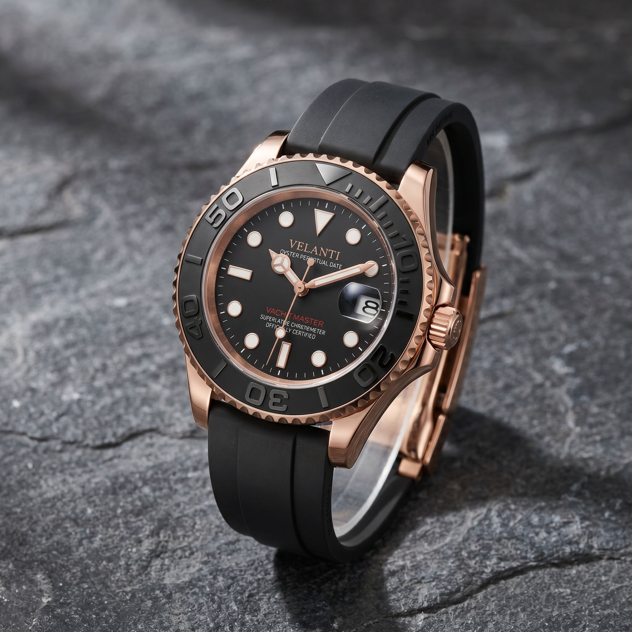 Submariner-style automatic watch, Velanti Milano Velmariner Rose Gold Black, bracelet detail photo