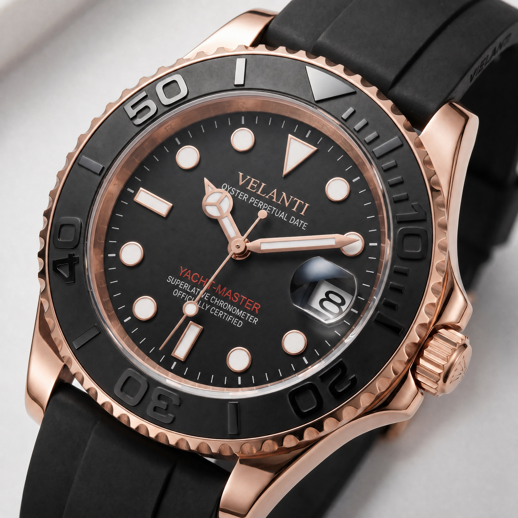Submariner-style automatic watch, Velanti Milano Velmariner Rose Gold Black, watch detail photo