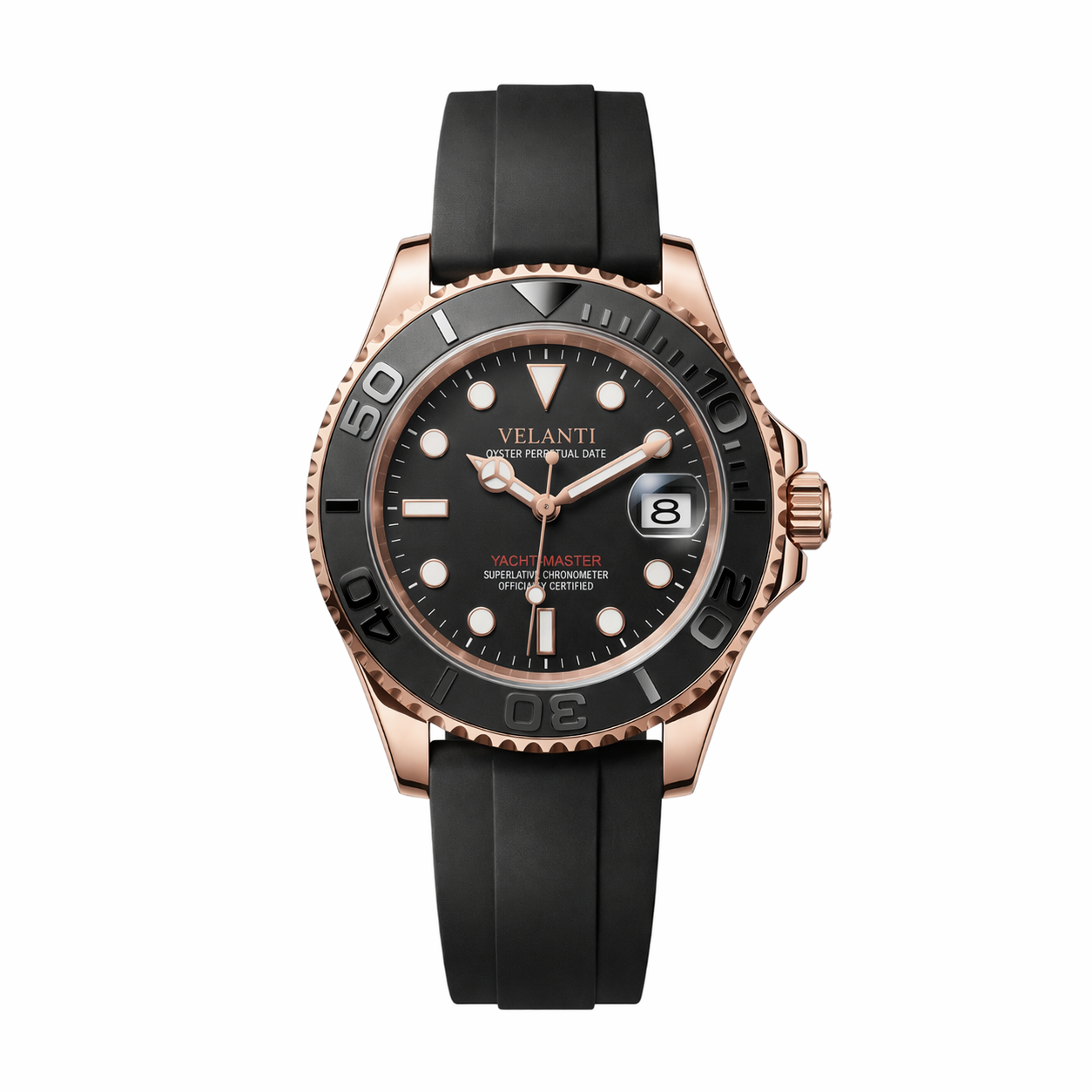 Submariner-style automatic watch, Velanti Milano Velmariner Rose Gold Black, main product photo