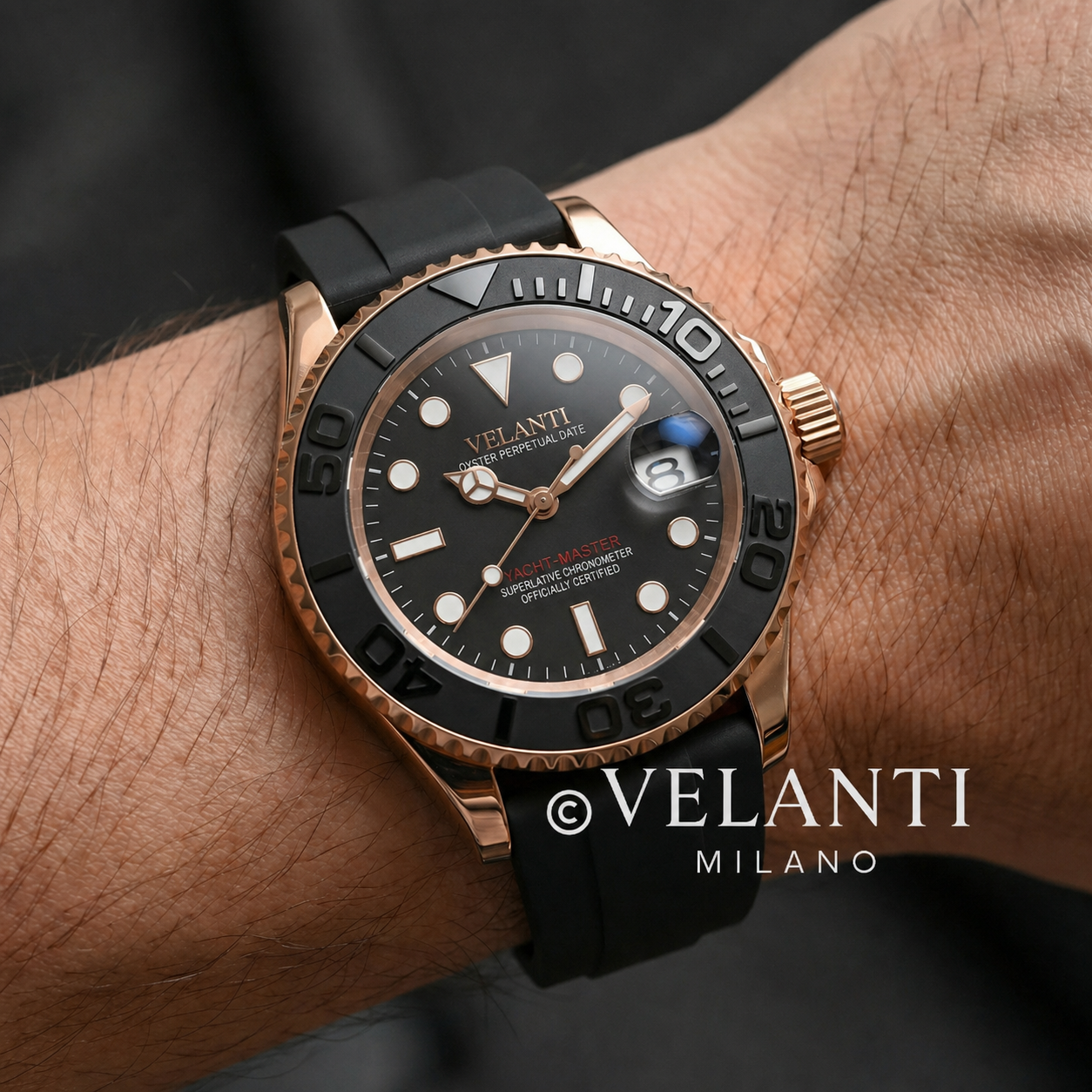 Submariner-style automatic watch, Velanti Milano Velmariner Rose Gold Black, product photo 2