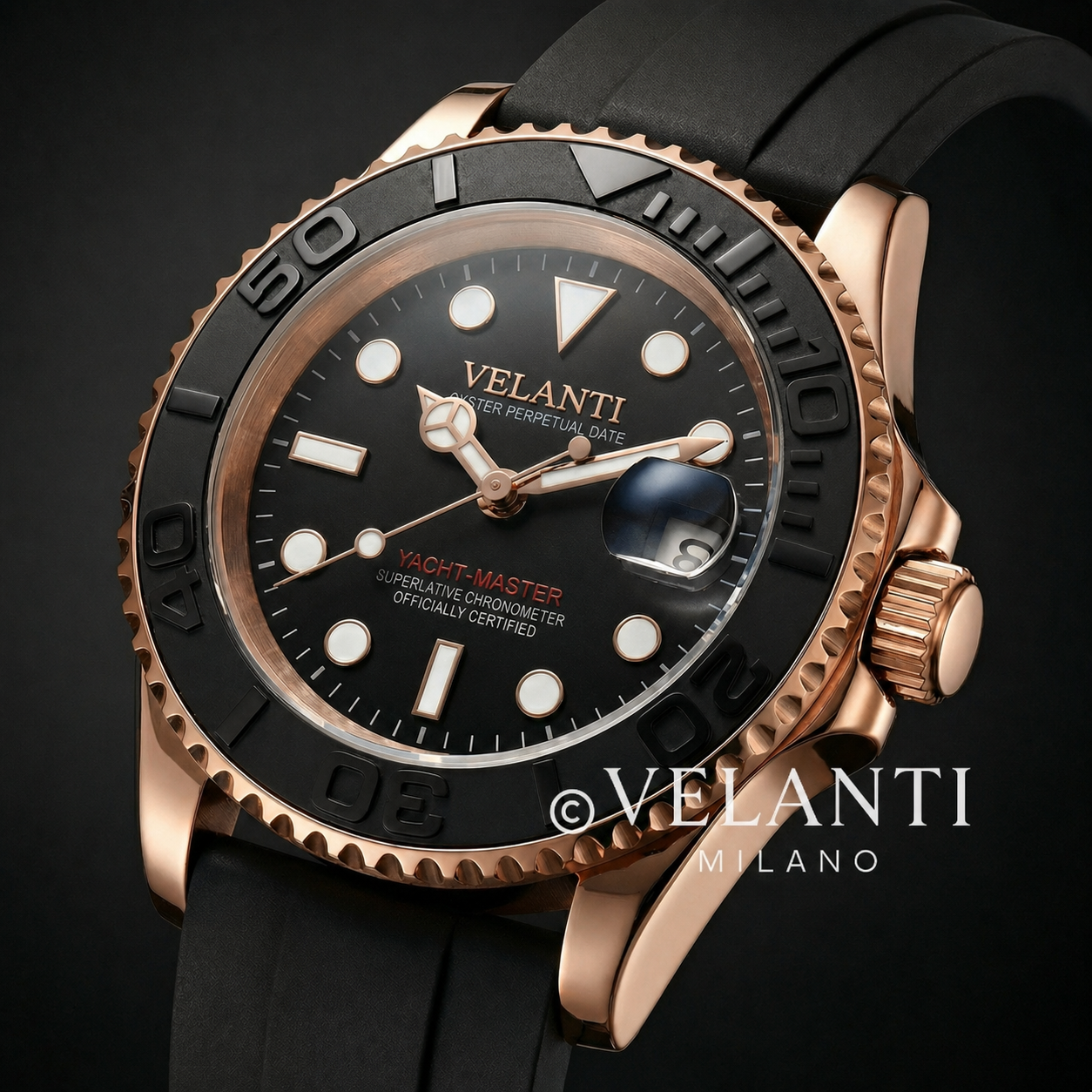 Submariner-style automatic watch, Velanti Milano Velmariner Rose Gold Black, product photo 5