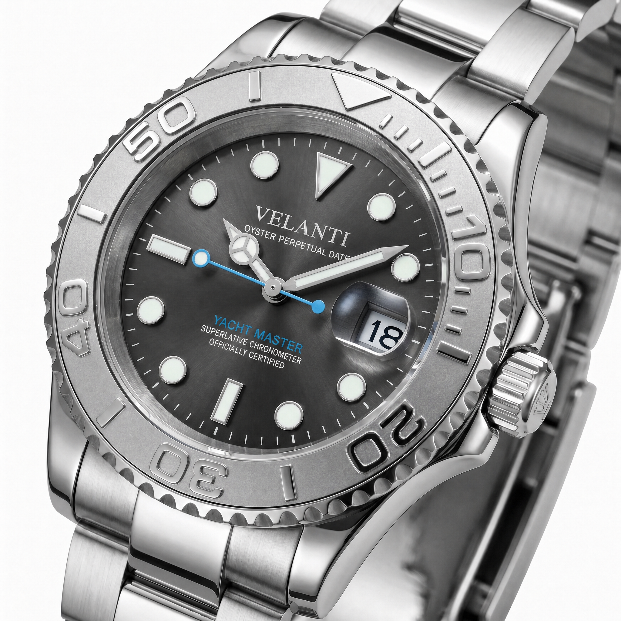 Submariner-style automatic watch, Velanti Milano Velmariner Silver, watch detail photo 11