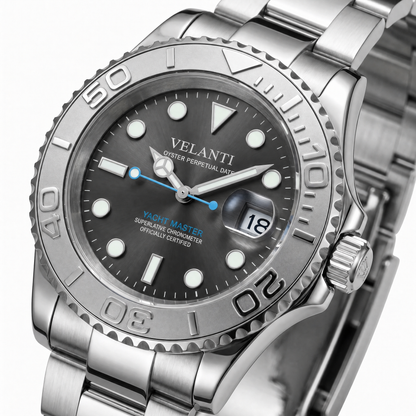Submariner-style custom automatic watch, Velanti Milano Velmariner Silver, watch detail photo 11