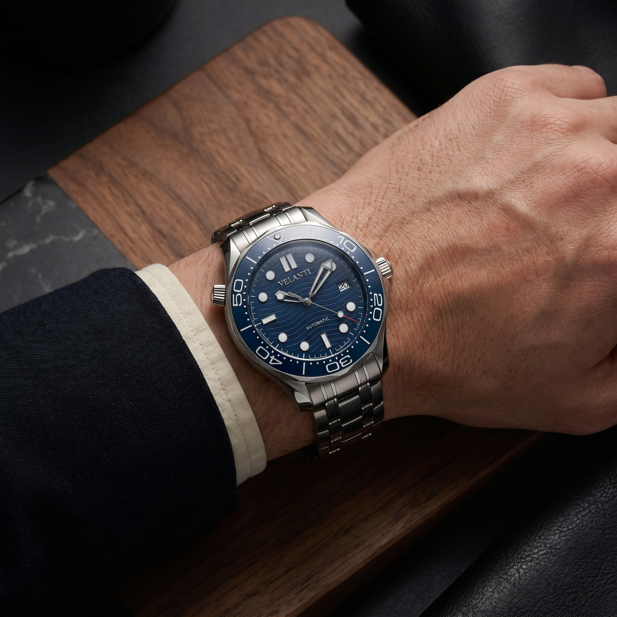Seamaster-style automatic watch, Velanti Milano Velmaster Blue worn on wrist photo 11
