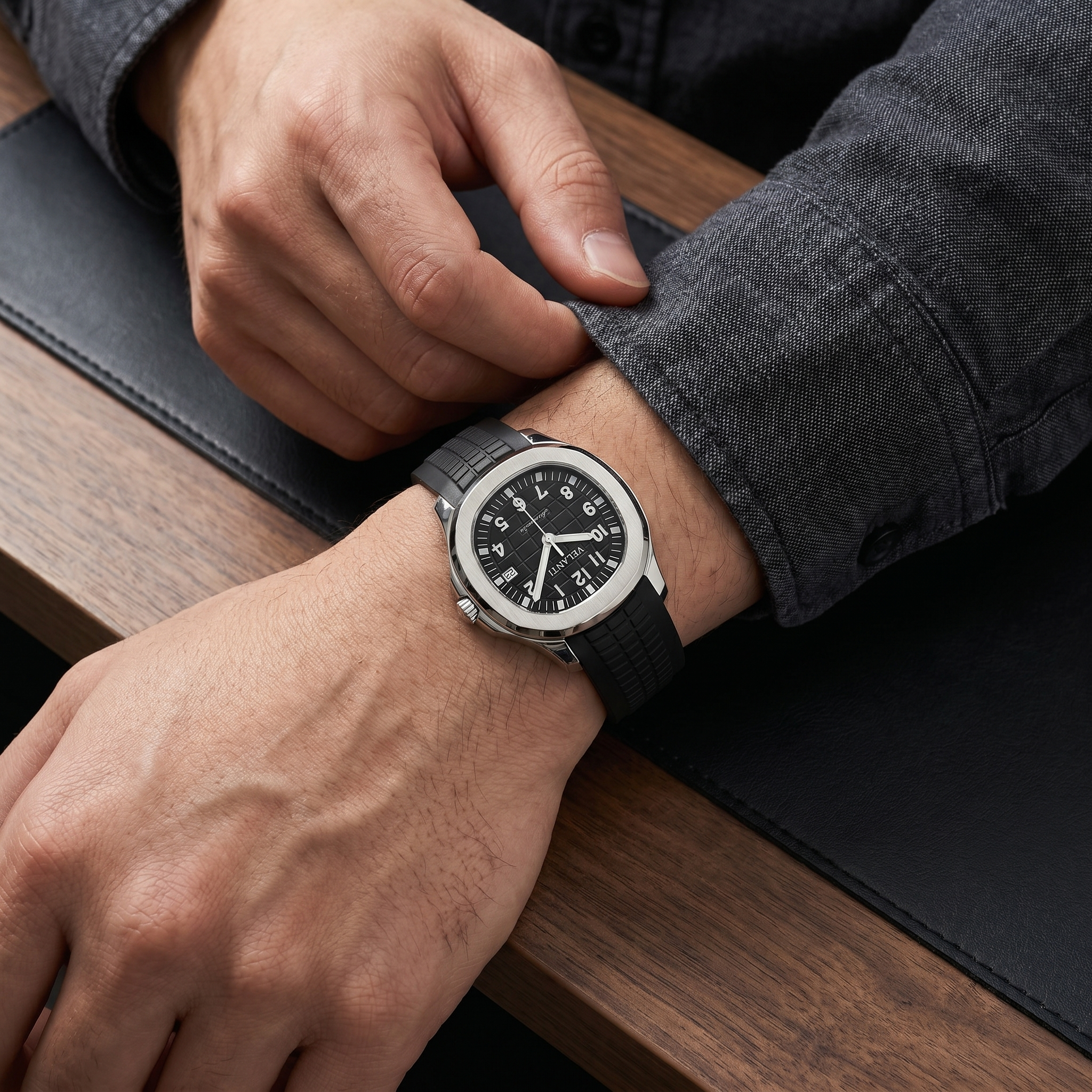 Aquanaut-style automatic watch, Velanti Milano Velnaut Black worn on wrist photo 9
