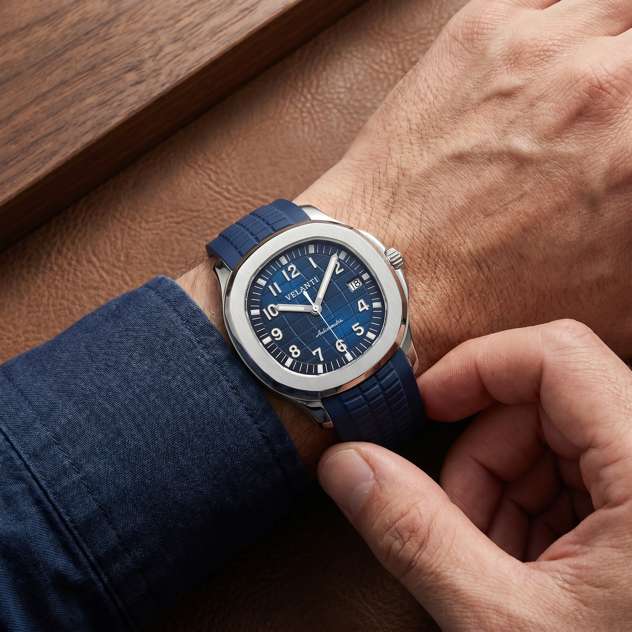 Aquanaut-style automatic watch, Velanti Milano Velnaut Blue worn on wrist photo 8