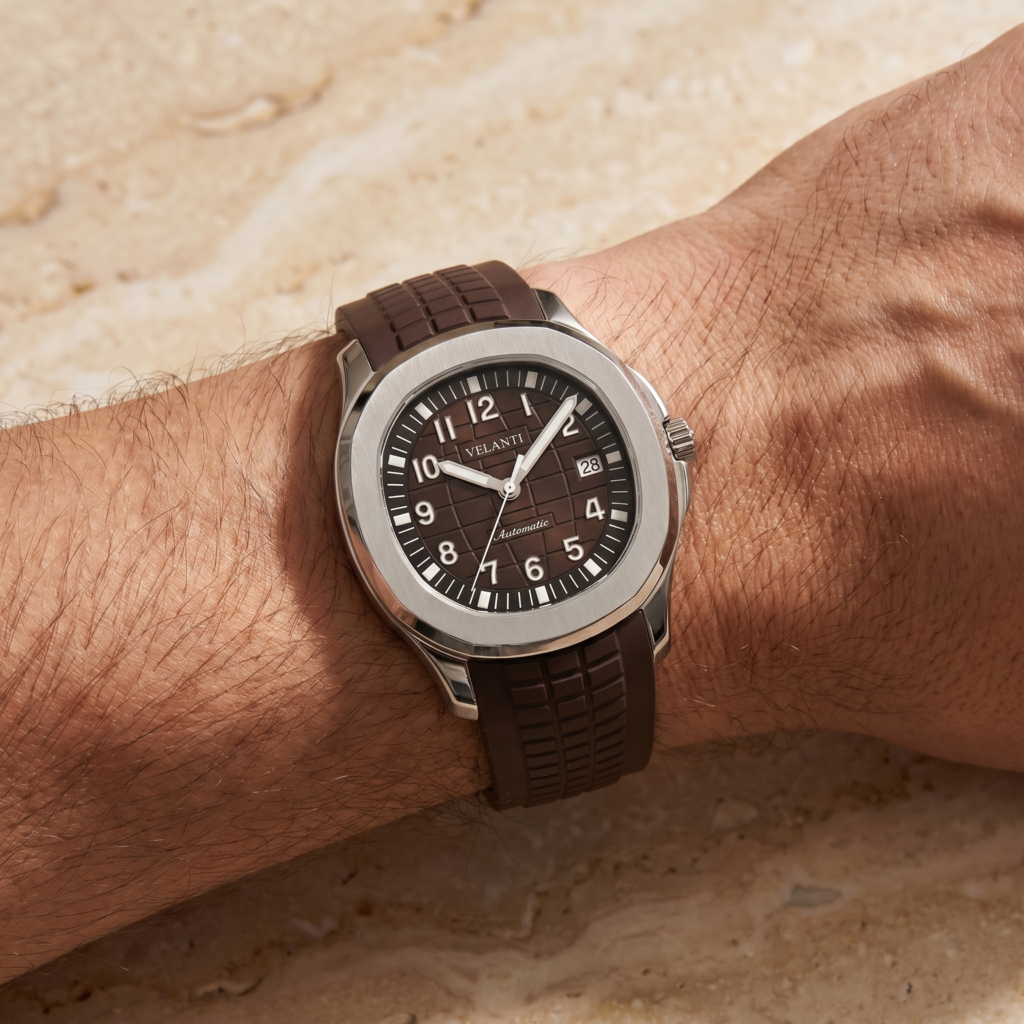 Aquanaut-style automatic watch, Velanti Milano Velnaut Brown worn on wrist photo 3