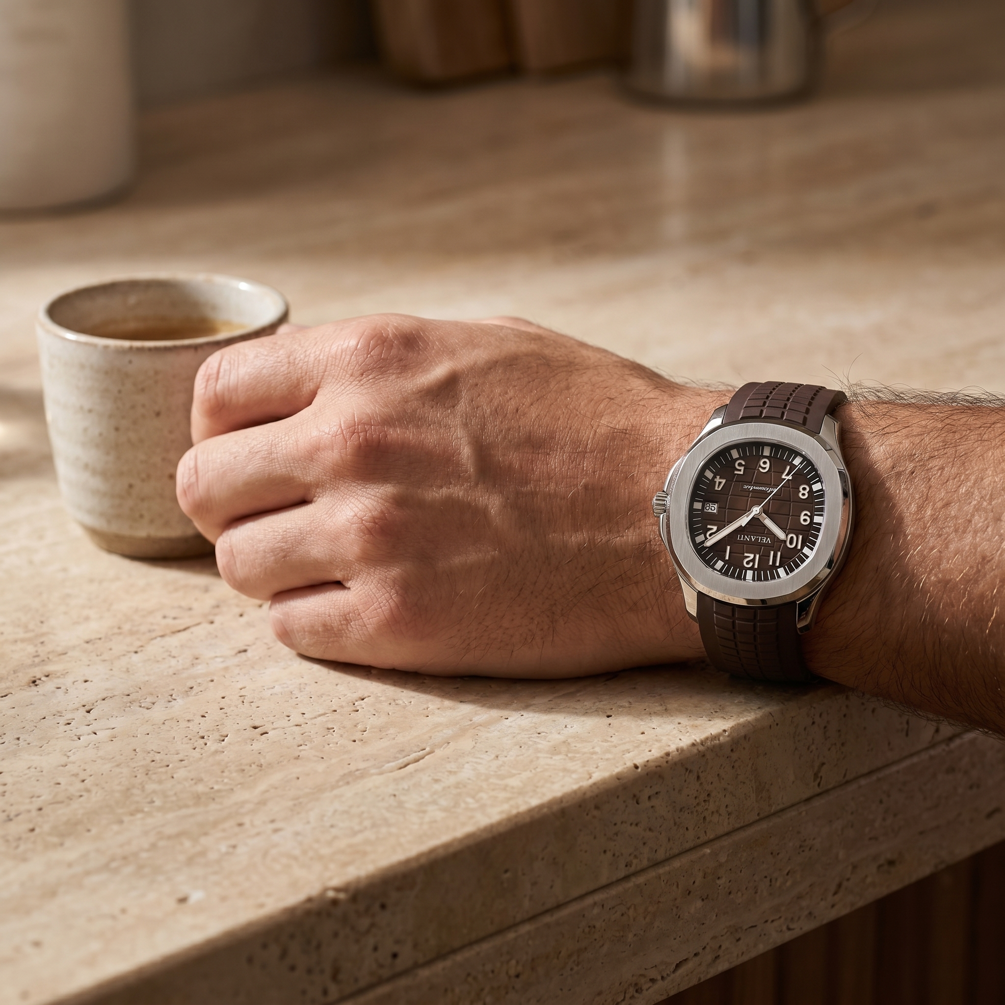 Aquanaut-style automatic watch, Velanti Milano Velnaut Brown worn on wrist photo 5