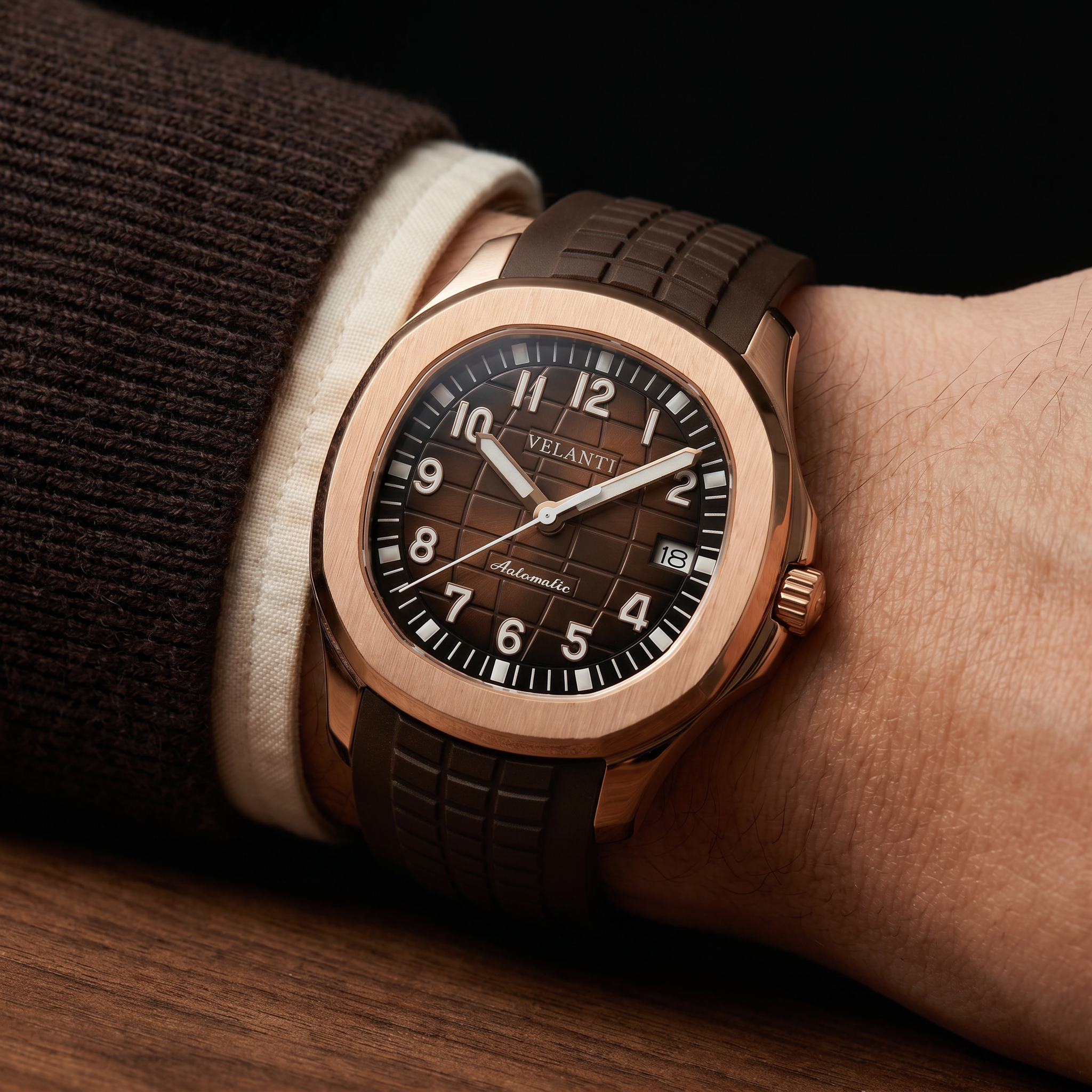 Aquanaut-style automatic watch, Velanti Milano Velnaut Brown (Rose Gold), product photo 6