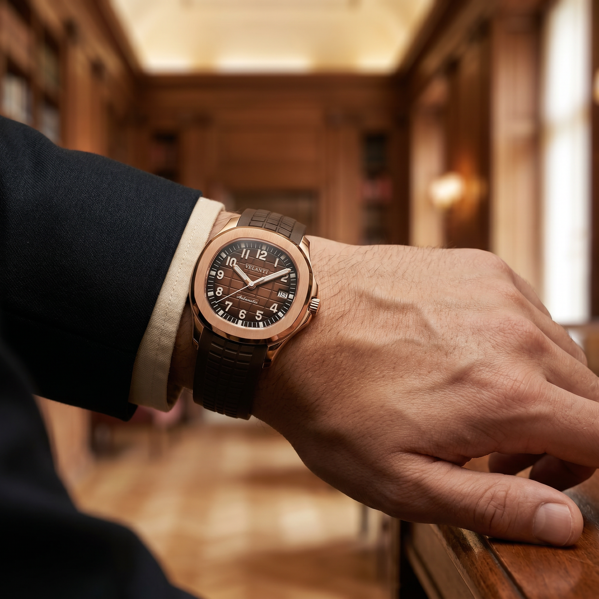 Aquanaut-style automatic watch, Velanti Milano Velnaut Brown (Rose Gold), product photo 9
