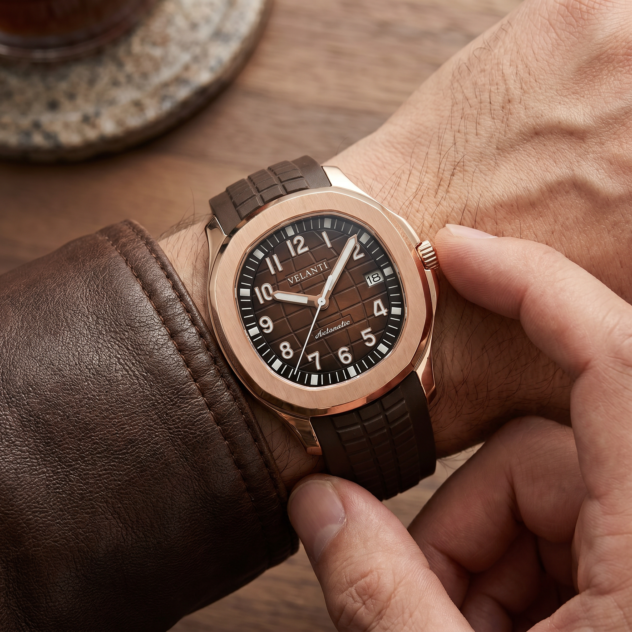 Aquanaut-style automatic watch, Velanti Milano Velnaut Brown (Rose Gold) worn on wrist photo 10