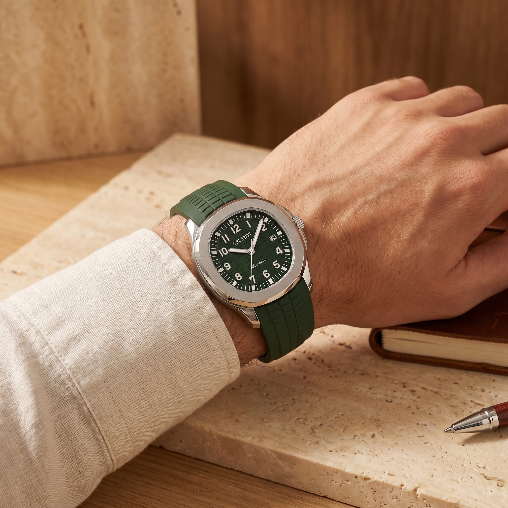 Aquanaut-style automatic watch, Velanti Milano Velnaut Green worn on wrist photo 5
