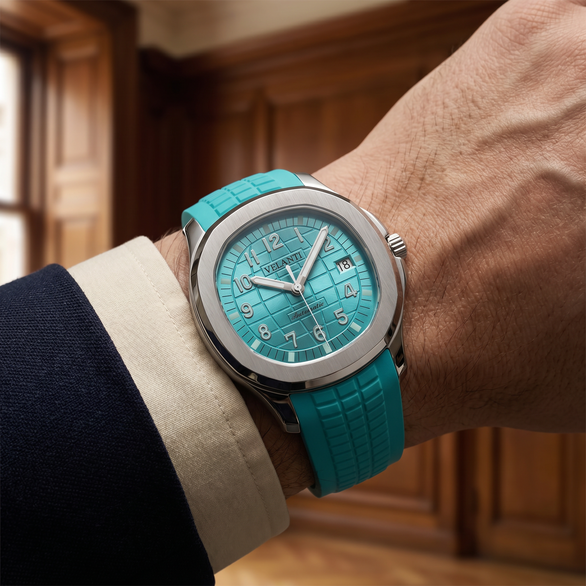 Aquanaut-style automatic watch, Velanti Milano Velnaut Tiffany Metallic Blue, product photo 6