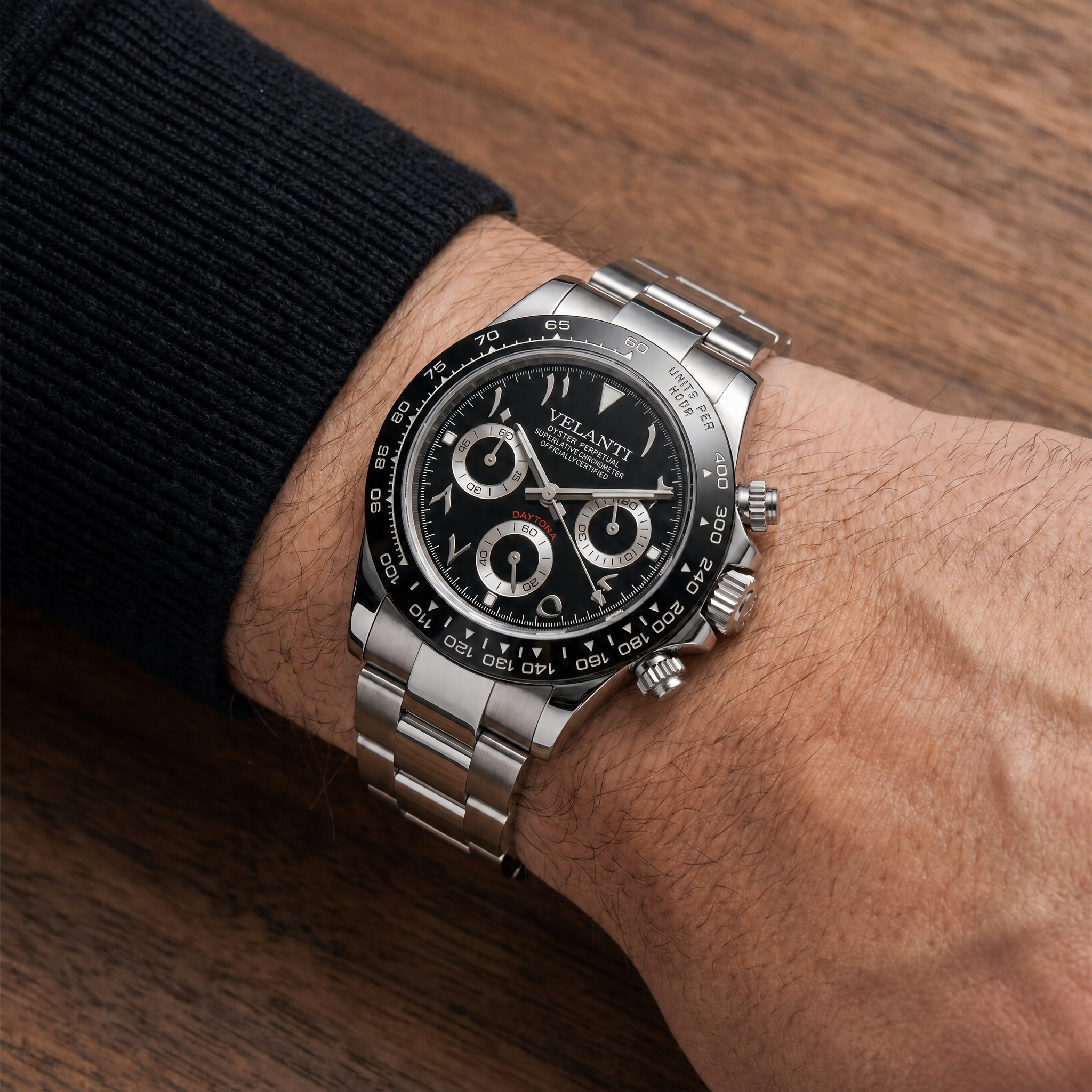 Daytona-style chronograph watch, Velanti Milano Veltona Arabic Black worn on wrist