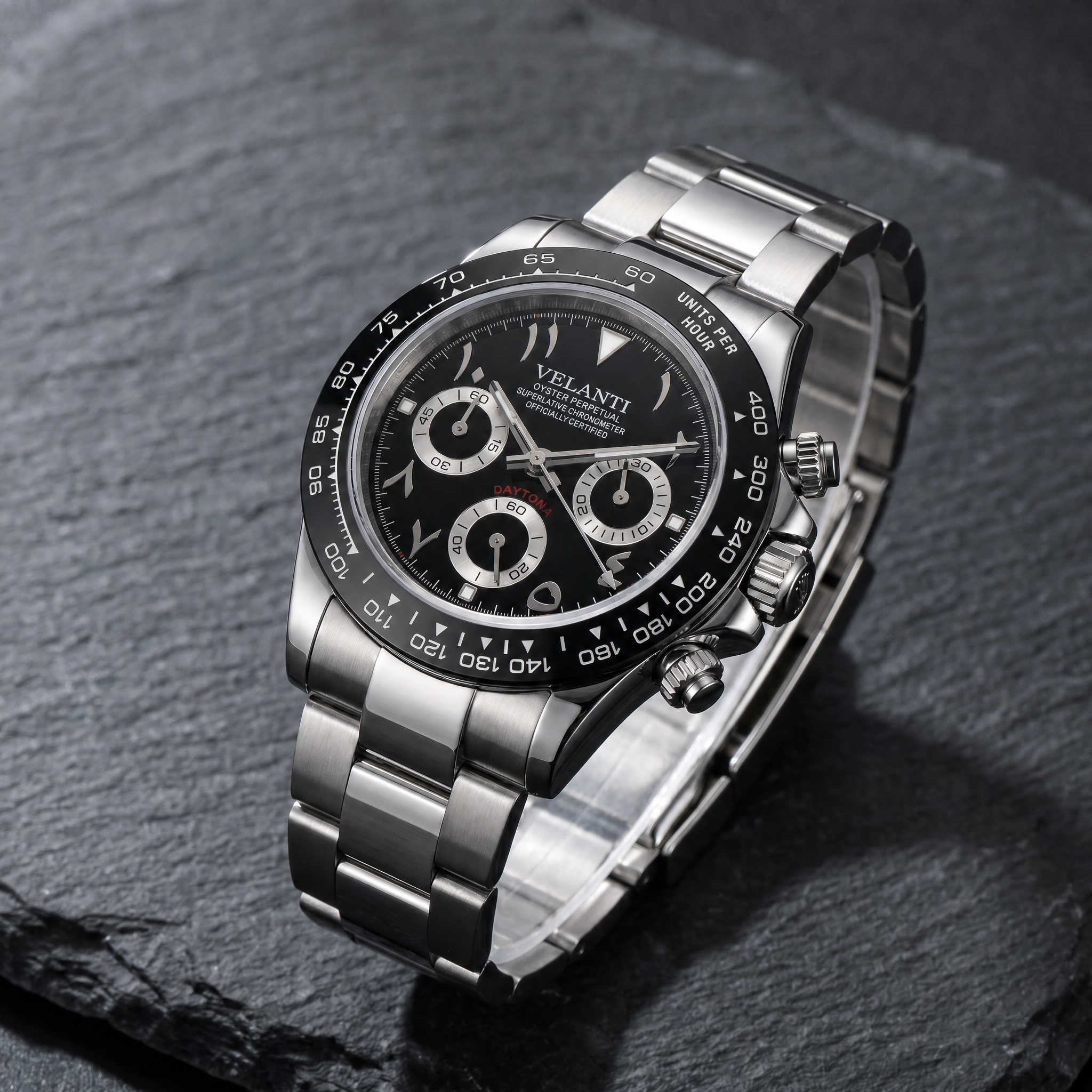 Daytona-style chronograph watch, Velanti Milano Veltona Arabic Black, bracelet detail photo