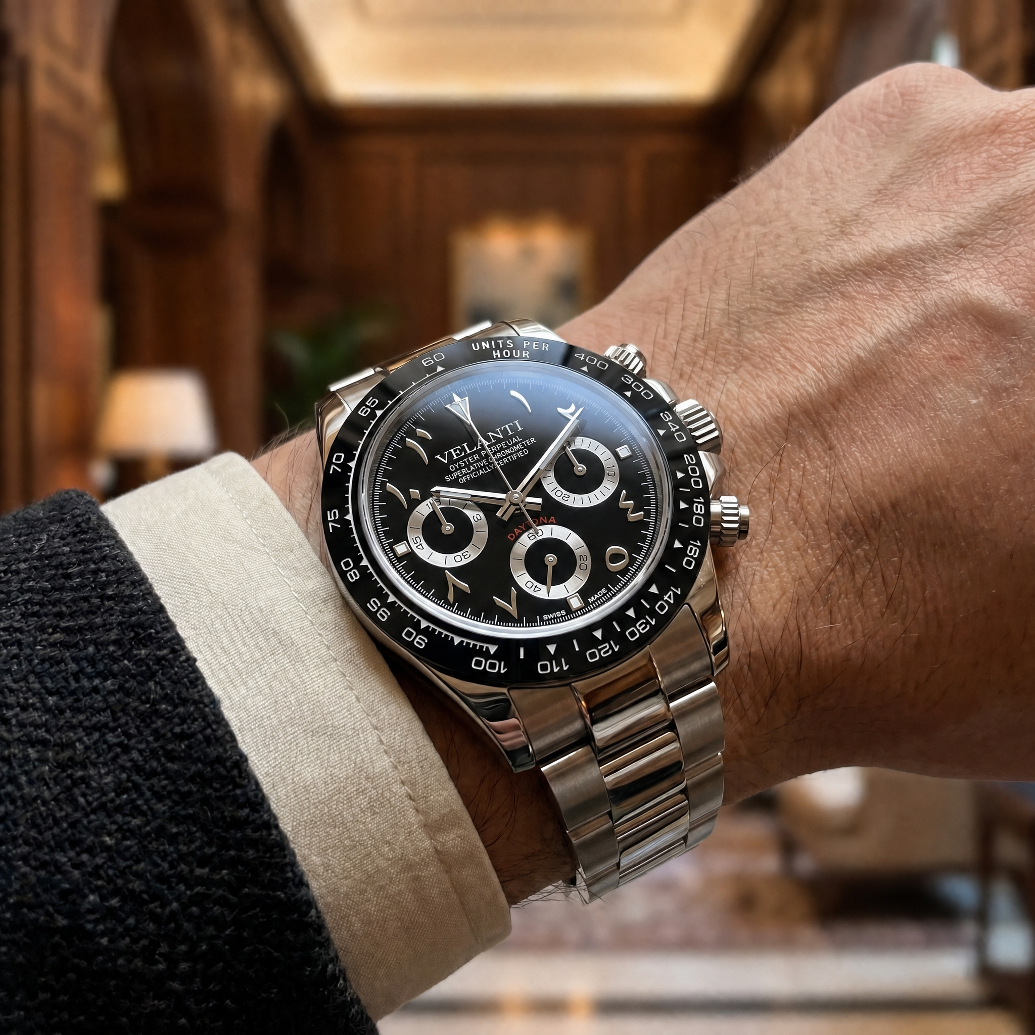 Daytona-style chronograph watch, Velanti Milano Veltona Arabic Black, product photo 4