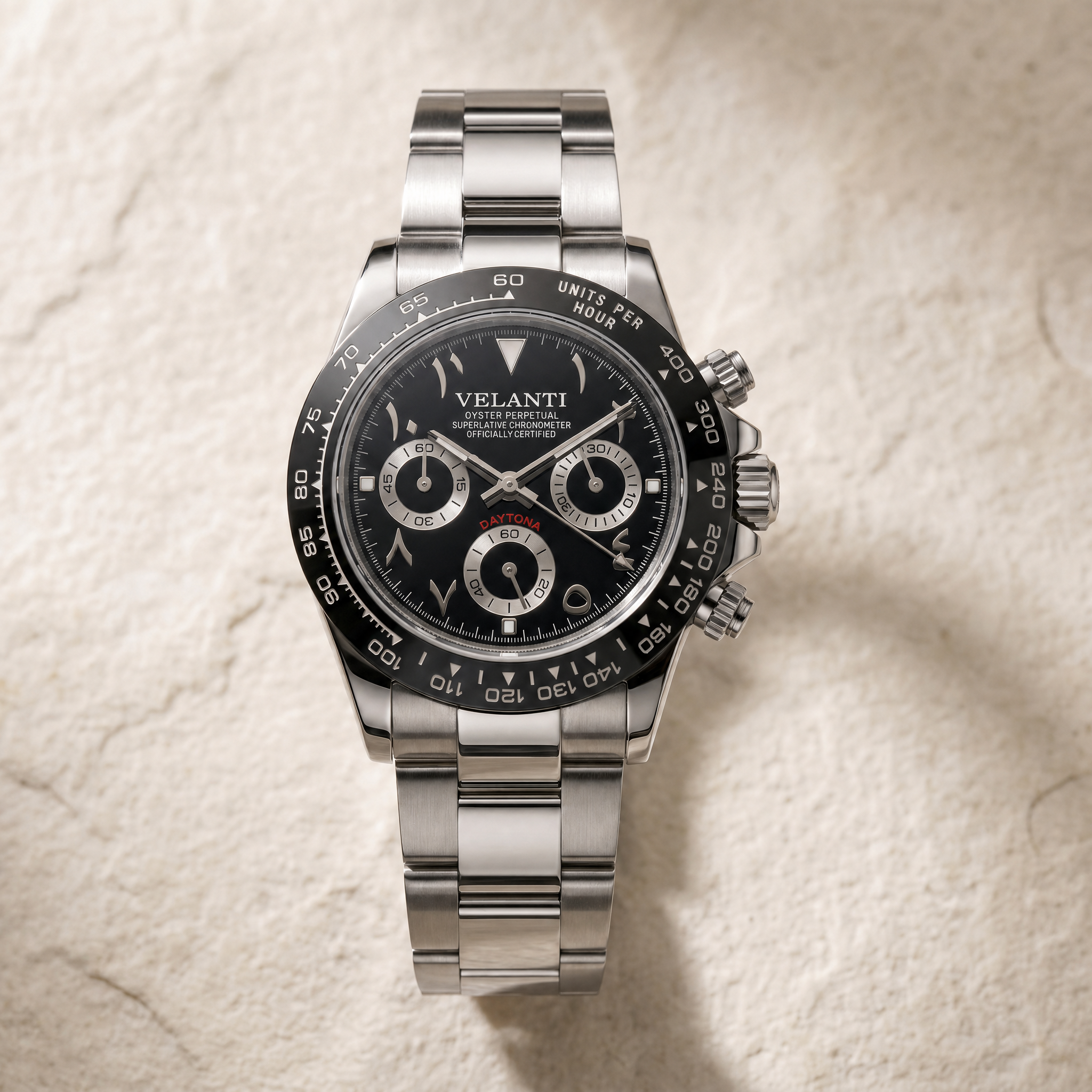 Daytona-style chronograph watch, Velanti Milano Veltona Arabic Black, watch detail photo