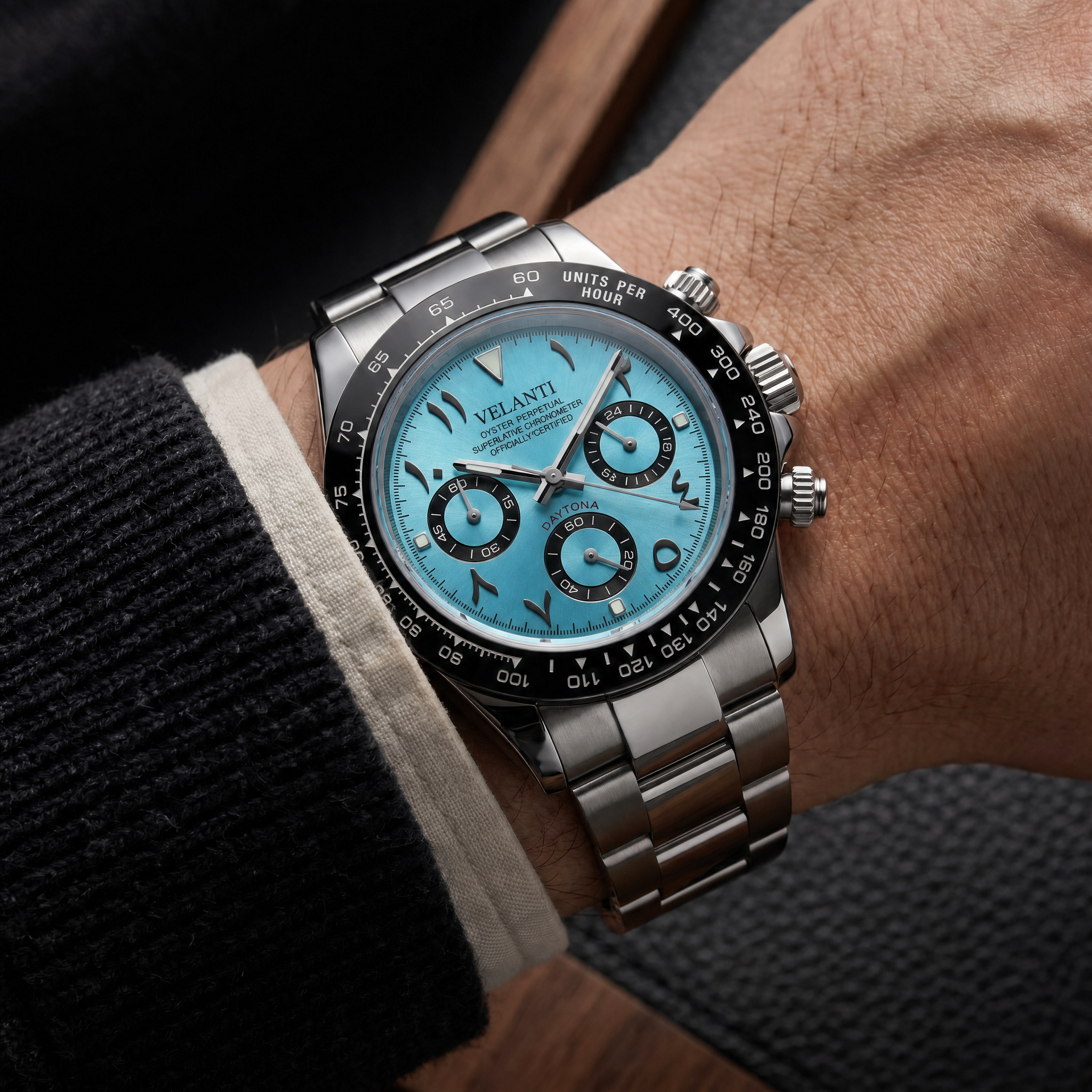 Daytona-style chronograph watch, Velanti Milano Veltona Arabic Ice Blue, product photo 4