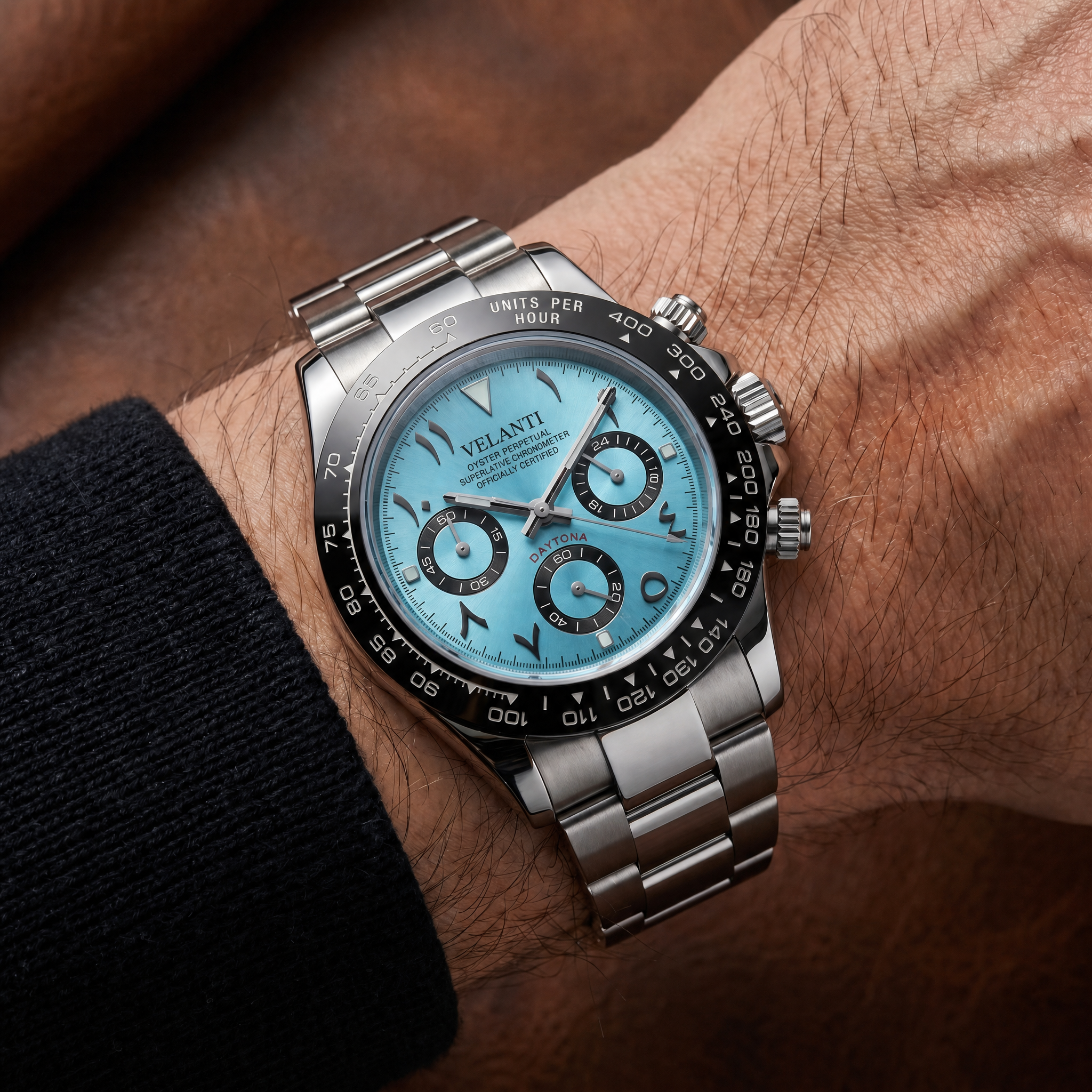 Daytona-style chronograph watch, Velanti Milano Veltona Arabic Ice Blue worn on wrist photo 5