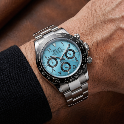 Daytona-style custom chronograph watch, Velanti Milano Veltona Arabic Ice Blue worn on wrist photo 5