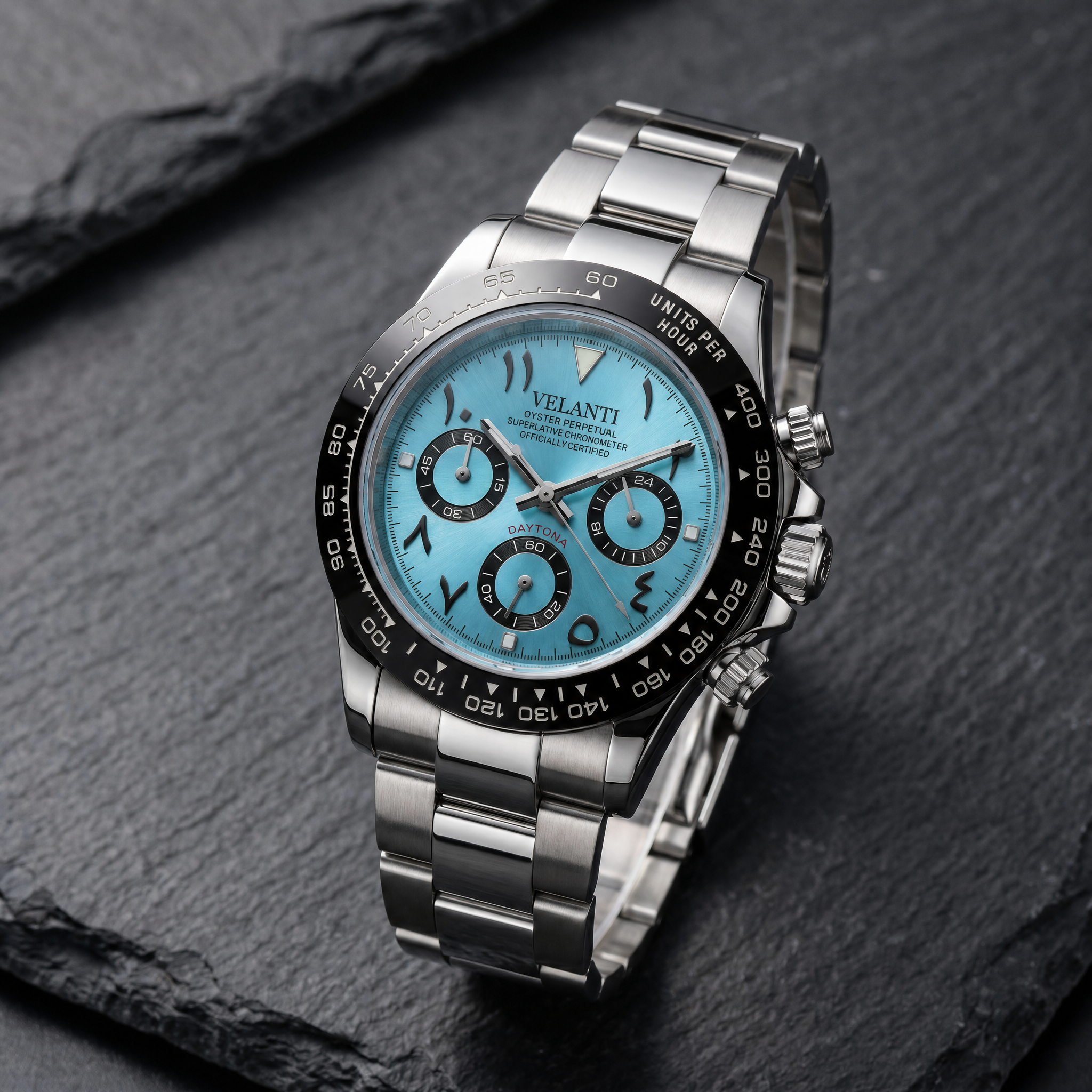 Daytona-style chronograph watch, Velanti Milano Veltona Arabic Ice Blue, bracelet detail photo