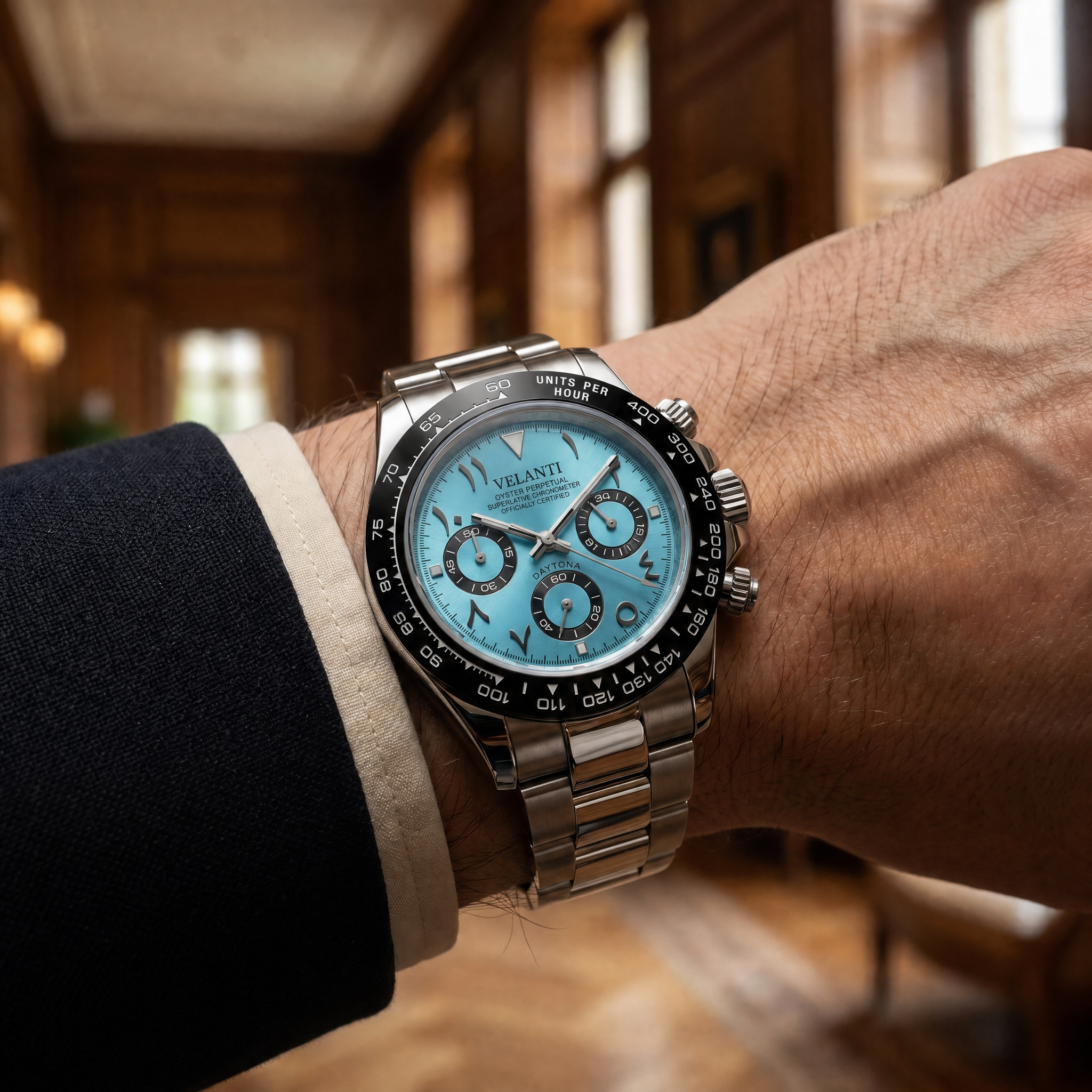 Daytona-style chronograph watch, Velanti Milano Veltona Arabic Ice Blue, product photo 7