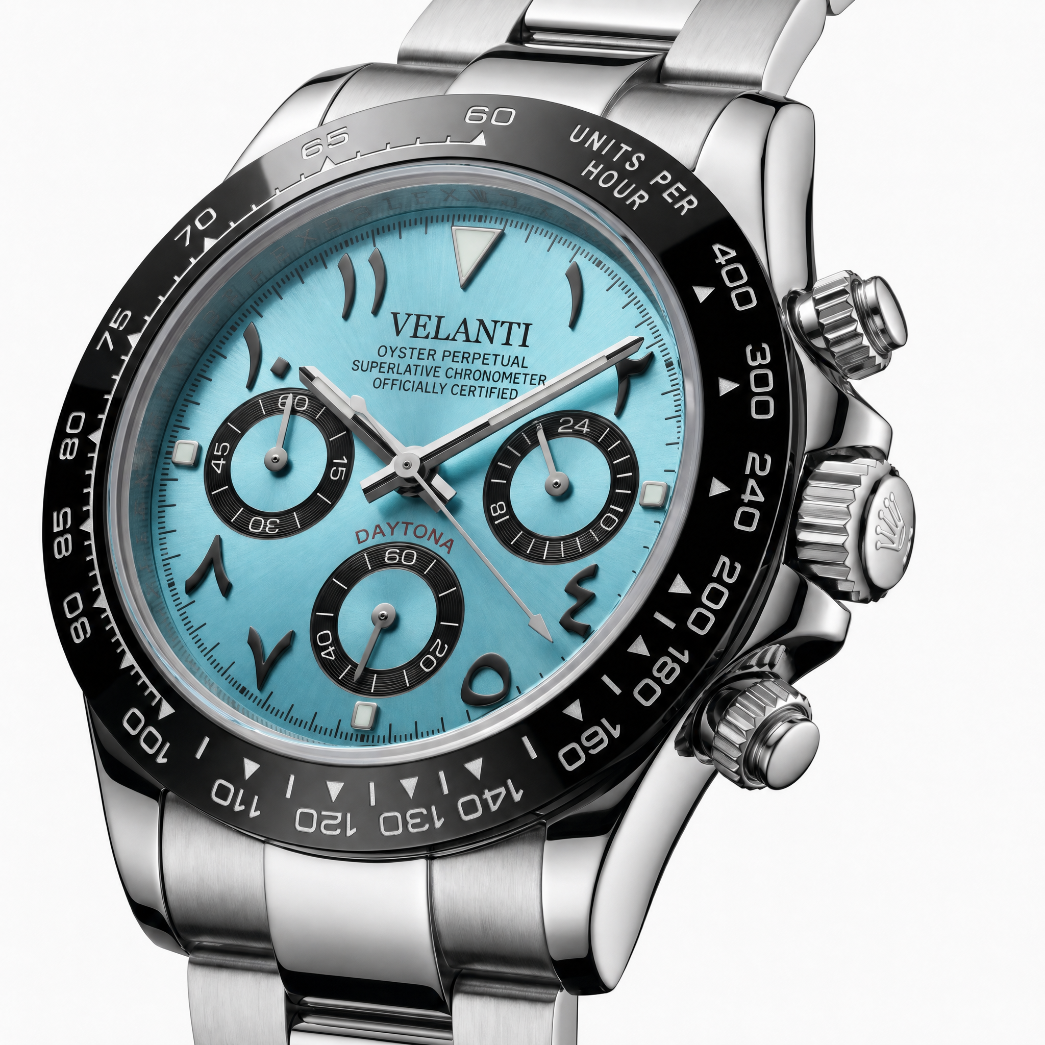 Daytona-style chronograph watch, Velanti Milano Veltona Arabic Ice Blue, watch detail photo 8