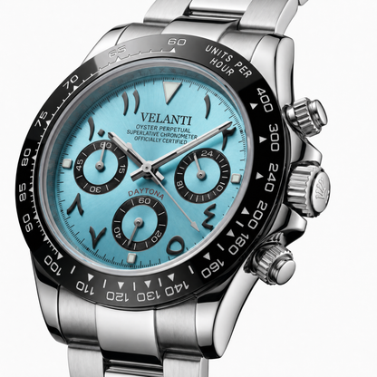 Daytona-style custom chronograph watch, Velanti Milano Veltona Arabic Ice Blue, watch detail photo 8