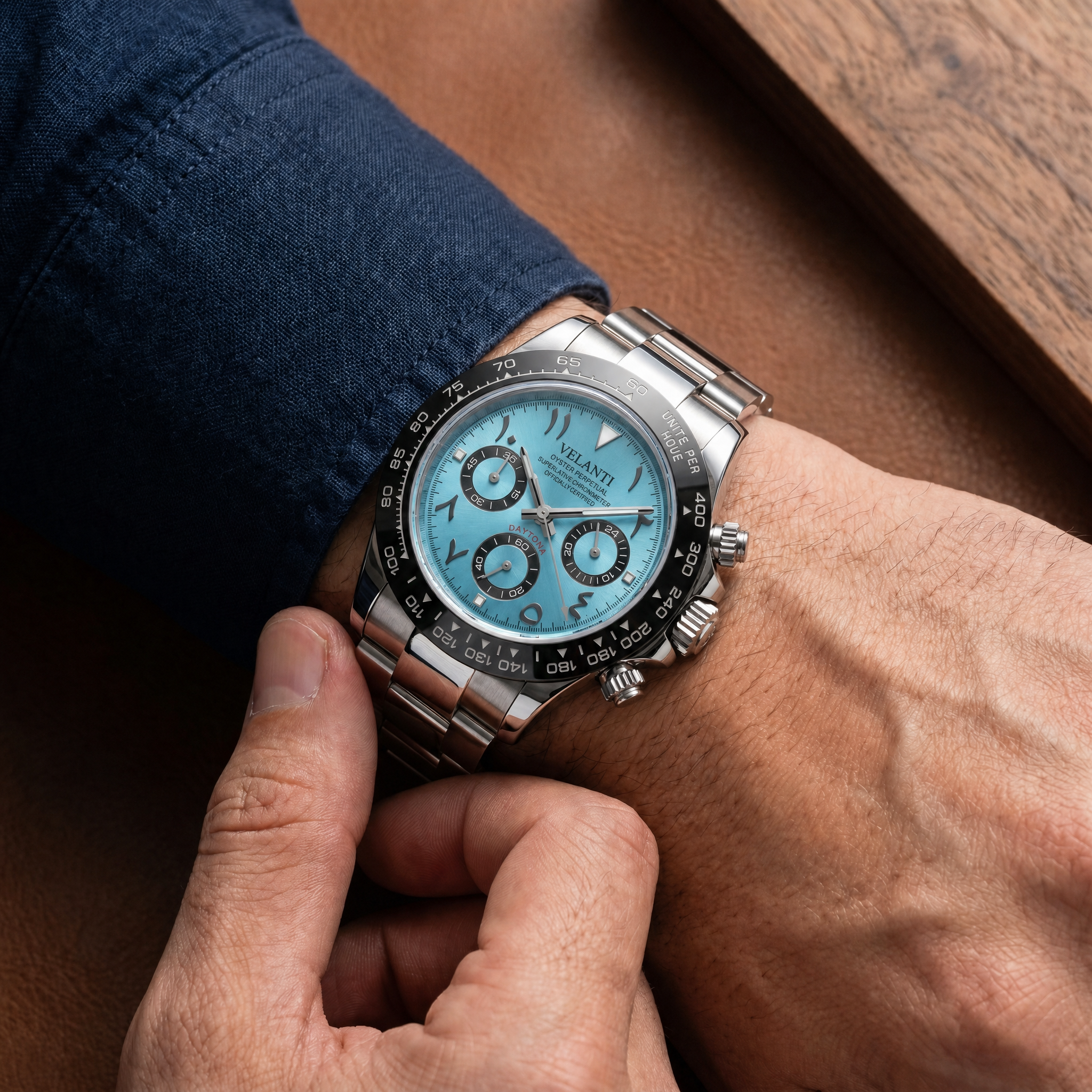Daytona-style chronograph watch, Velanti Milano Veltona Arabic Ice Blue worn on wrist photo 9